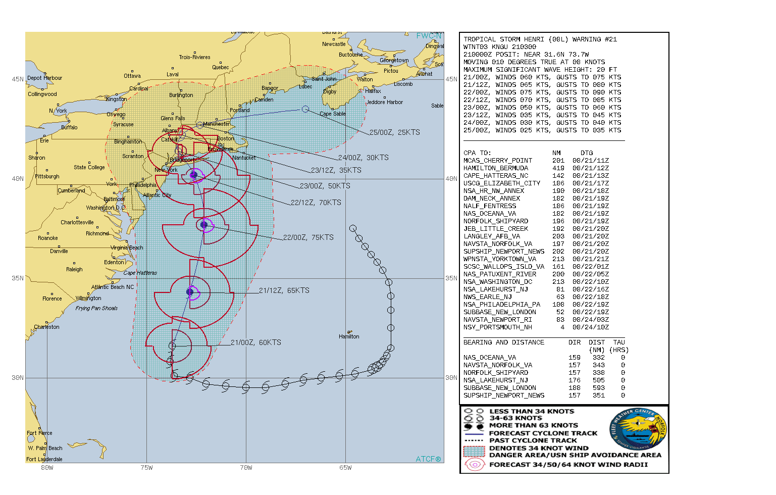 TS 08L(HENRI). WARNING 21 ISSUED AT 21/03UTC. CURRENT INTENSITY IS 60KNOTS AND IS FORECAST TO PEAK AT 75KNOTS/CAT 1 BY 22/00UTC.