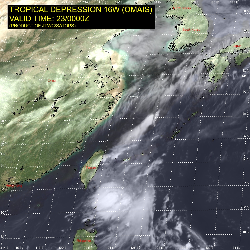 TD 16W(OMAIS). SATELLITE ANALYSIS, INITIAL POSITION AND INTENSITY DISCUSSION: ANIMATED MULTISPECTRAL SATELLITE IMAGERY (MSI) DEPICTS A FULLY EXPOSED LOW LEVEL CIRCULATION WITH DYING CONVECTION SHEARED TO THE SOUTH. THE INITIAL POSITION IS PLACED WITH HIGH CONFIDENCE BASED ON THE EXPOSED LOW LEVEL CIRCULATION IN THE EIR LOOP. THE INITIAL INTENSITY OF 30 KTS IS BASED ON AGENCY DVORAK INTENSITY ESTIMATES. TD 16W(OMAIS). SATELLITE ANALYSIS, INITIAL POSITION AND INTENSITY DISCUSSION: ANIMATED MULTISPECTRAL SATELLITE IMAGERY (MSI) DEPICTS A FULLY EXPOSED LOW LEVEL CIRCULATION WITH DYING CONVECTION SHEARED TO THE SOUTH. THE INITIAL POSITION IS PLACED WITH HIGH CONFIDENCE BASED ON THE EXPOSED LOW LEVEL CIRCULATION IN THE EIR LOOP. THE INITIAL INTENSITY OF 30 KTS IS BASED ON AGENCY DVORAK INTENSITY ESTIMATES.