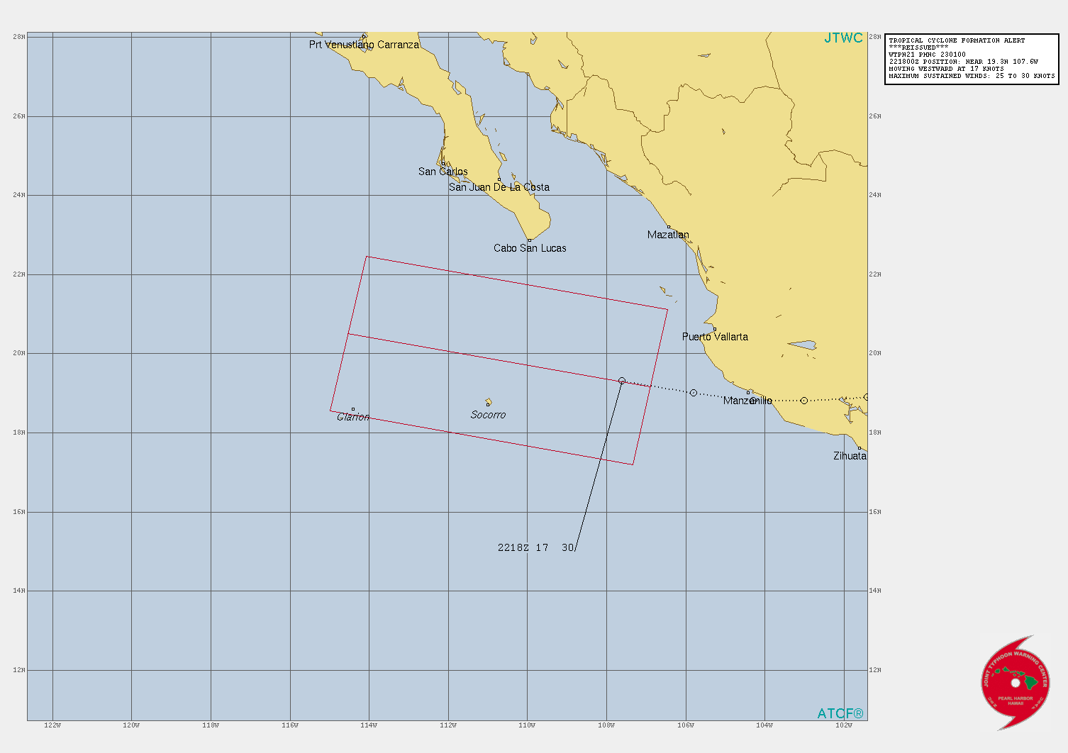 EASTERN PACIFIC. INVEST 94E. TROPICAL CYCLONE FORMATION ALERT ISSUED AT 23/01UTC.FORMATION OF A SIGNIFICANT TROPICAL CYCLONE IS POSSIBLE WITHIN 220 KM EITHER SIDE OF A LINE FROM 19.2N 106.9W TO 20.5N 114.5W WITHIN THE NEXT 12 TO 24 HOURS. AVAILABLE DATA DOES NOT JUSTIFY ISSUANCE OF NUMBERED TROPICAL CYCLONE WARNINGS AT THIS TIME. WINDS IN THE AREA ARE ESTIMATED TO BE 25 TO 30 KNOTS. METSAT IMAGERY AT 221800UTC INDICATES THAT A CIRCULATION CENTER IS LOCATED NEAR 19.3N 107.6W. THE SYSTEM IS MOVING WESTWARD AT 31 KM/H. 2. REMARKS: THE AREA OF CONVECTION (INVEST 94E, PREVIOUSLY REMNANTS  OF HURRICANE 07L) PREVIOUSLY LOCATED NEAR 19.7N 99.5W IS NOW LOCATED  NEAR 19.3N 107.6W, APPROXIMATELY 360 KM EAST OF SOCORRO ISLAND.  ANIMATED MULTISPECTRAL SATELLITE IMAGERY (MSI) DEPICTS A PARTIALLY  OBSCURED LOW-LEVEL CIRCULATION CENTER (LLCC) WITH CONVECTION  CONSOLIDATING OVER THE CENTER. INVEST 94E IS IN A FAVORABLE  ENVIRONMENT FOR DEVELOPMENT CHARACTERIZED BY WARM (29-30C) SEA  SURFACE TEMPERATURES (SST), POLEWARD OUTFLOW ALOFT, AND LOW VERTICAL WIND SHEAR (VWS). MAXIMUM SUSTAINED  SURFACE WINDS ARE ESTIMATED AT 25 TO 30 KNOTS. MINIMUM SEA LEVEL  PRESSURE IS ESTIMATED TO BE NEAR 1000 MB. THE POTENTIAL FOR THE  DEVELOPMENT OF A SIGNIFICANT TROPICAL CYCLONE WITHIN THE NEXT 24  HOURS IS HIGH. EASTERN PACIFIC. INVEST 94E. TROPICAL CYCLONE FORMATION ALERT ISSUED AT 23/01UTC.FORMATION OF A SIGNIFICANT TROPICAL CYCLONE IS POSSIBLE WITHIN 220 KM EITHER SIDE OF A LINE FROM 19.2N 106.9W TO 20.5N 114.5W WITHIN THE NEXT 12 TO 24 HOURS. AVAILABLE DATA DOES NOT JUSTIFY ISSUANCE OF NUMBERED TROPICAL CYCLONE WARNINGS AT THIS TIME. WINDS IN THE AREA ARE ESTIMATED TO BE 25 TO 30 KNOTS. METSAT IMAGERY AT 221800UTC INDICATES THAT A CIRCULATION CENTER IS LOCATED NEAR 19.3N 107.6W. THE SYSTEM IS MOVING WESTWARD AT 31 KM/H. 2. REMARKS: THE AREA OF CONVECTION (INVEST 94E, PREVIOUSLY REMNANTS  OF HURRICANE 07L) PREVIOUSLY LOCATED NEAR 19.7N 99.5W IS NOW LOCATED  NEAR 19.3N 107.6W, APPROXIMATELY 360 KM EAST OF SOCORRO ISLAND.  ANIMATED MULTISPECTRAL SATELLITE IMAGERY (MSI) DEPICTS A PARTIALLY  OBSCURED LOW-LEVEL CIRCULATION CENTER (LLCC) WITH CONVECTION  CONSOLIDATING OVER THE CENTER. INVEST 94E IS IN A FAVORABLE  ENVIRONMENT FOR DEVELOPMENT CHARACTERIZED BY WARM (29-30C) SEA  SURFACE TEMPERATURES (SST), POLEWARD OUTFLOW ALOFT, AND LOW VERTICAL WIND SHEAR (VWS). MAXIMUM SUSTAINED  SURFACE WINDS ARE ESTIMATED AT 25 TO 30 KNOTS. MINIMUM SEA LEVEL  PRESSURE IS ESTIMATED TO BE NEAR 1000 MB. THE POTENTIAL FOR THE  DEVELOPMENT OF A SIGNIFICANT TROPICAL CYCLONE WITHIN THE NEXT 24  HOURS IS HIGH.