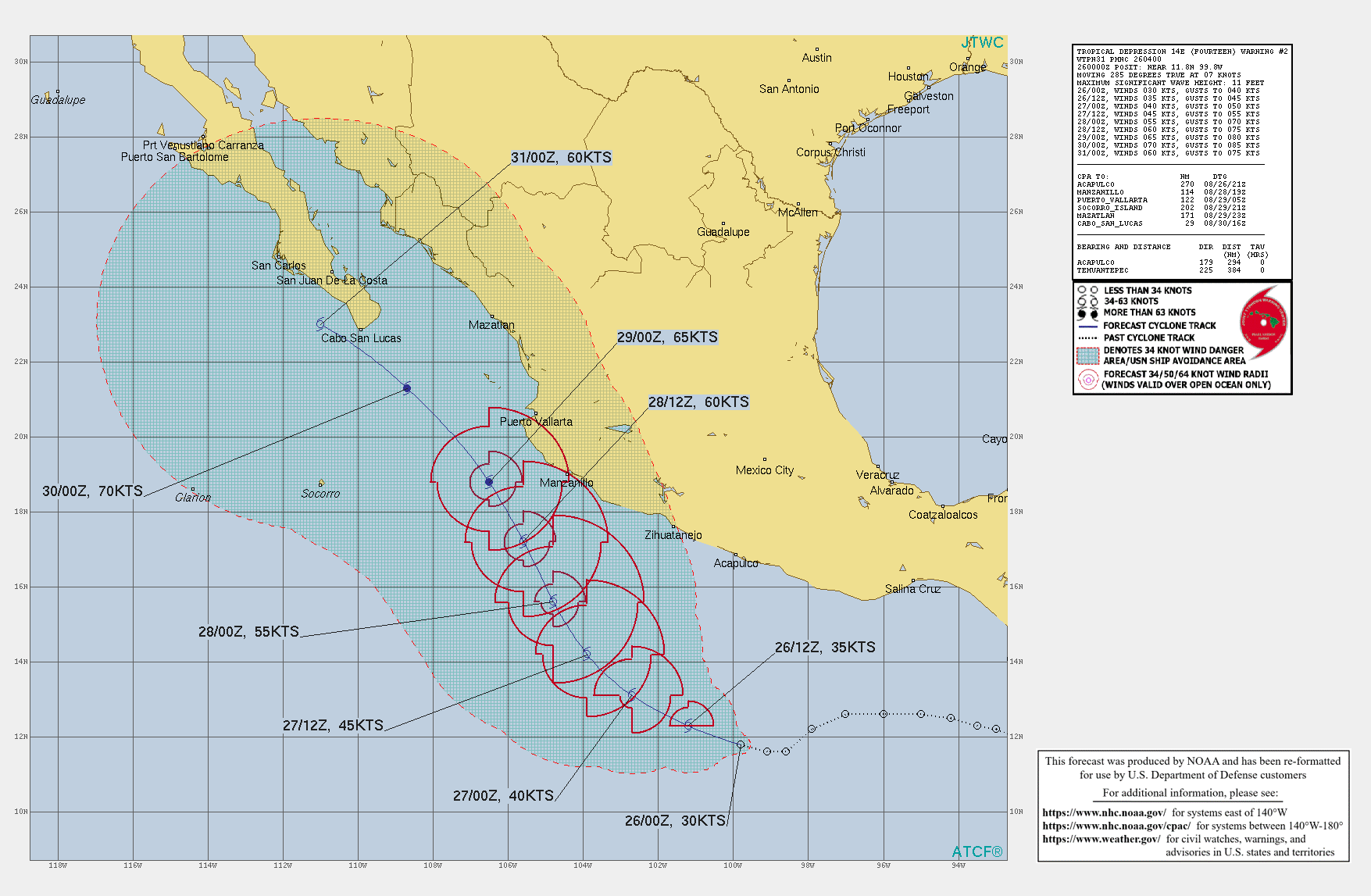 EASTERN PACIFIC. TD 14E. WARNING 2 ISSUED AT 26/04UTC. INTENSITY IS FORECAST TO REACH 65KNOTS/CAT 1 BY 29/00UTC. EASTERN PACIFIC. TD 14E. WARNING 2 ISSUED AT 26/04UTC. INTENSITY IS FORECAST TO REACH 65KNOTS/CAT 1 BY 29/00UTC.