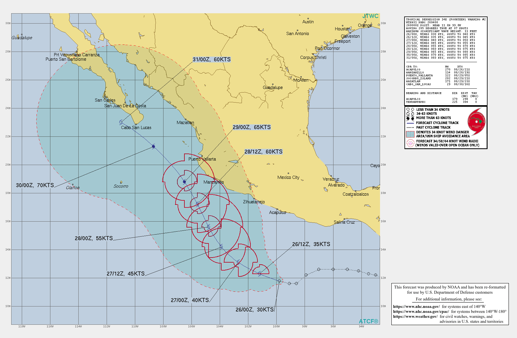 EASTERN PACIFIC. TD 14E. WARNING 2 ISSUED AT 26/04UTC. INTENSITY IS FORECAST TO REACH 65KNOTS/CAT 1 BY 29/00UTC.