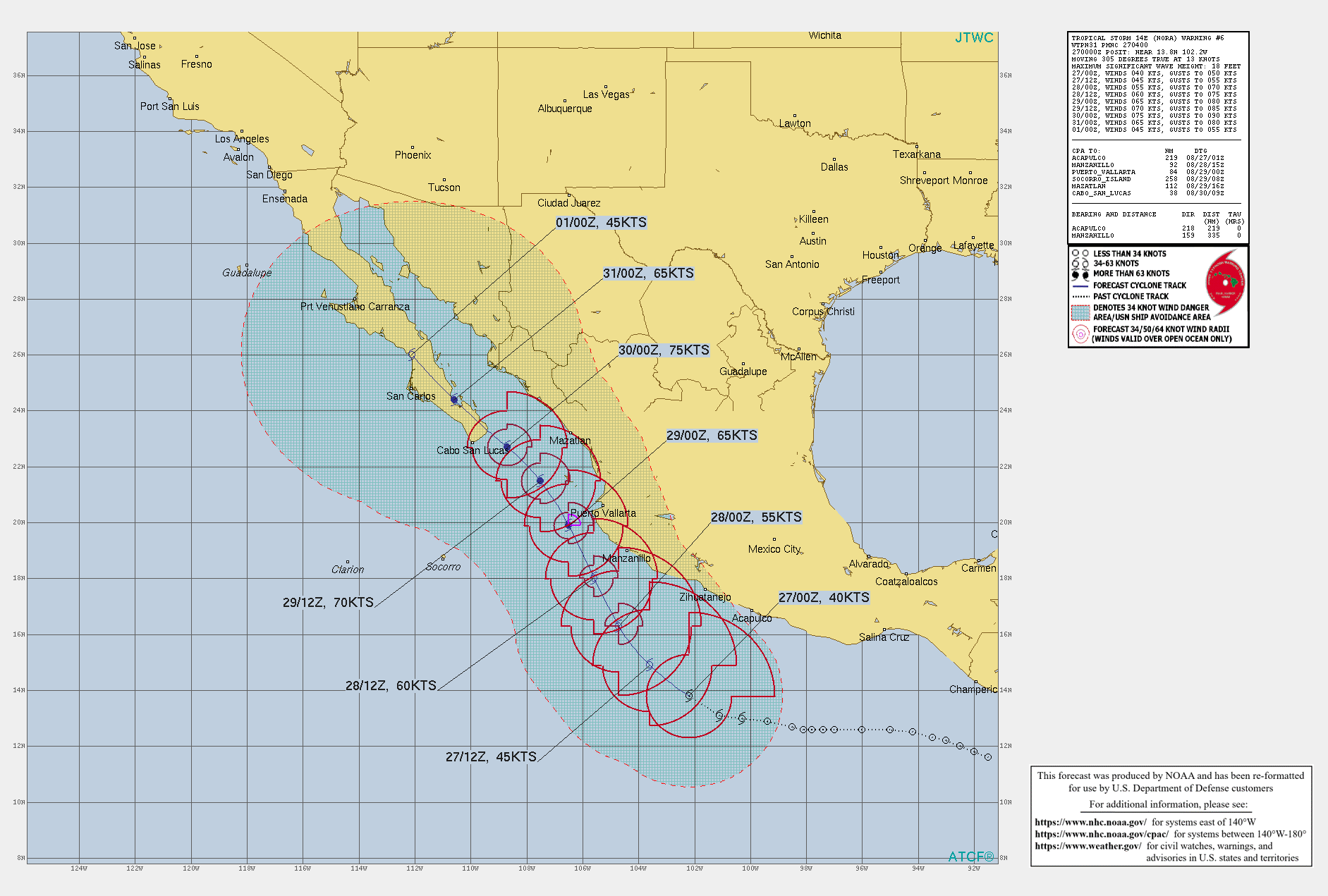 EASTERN PACIFIC. TS 14E(NORA). WARNING 6 ISSUED AT 27/04UTC. CURRENT INTENSITY IS 40KNOTS AND IS FORECAST TO PEAK AT 75KNOTS/CAT 1 BY 30/00UTC WHILE APPROACHING BAJA CALIFORNIA.