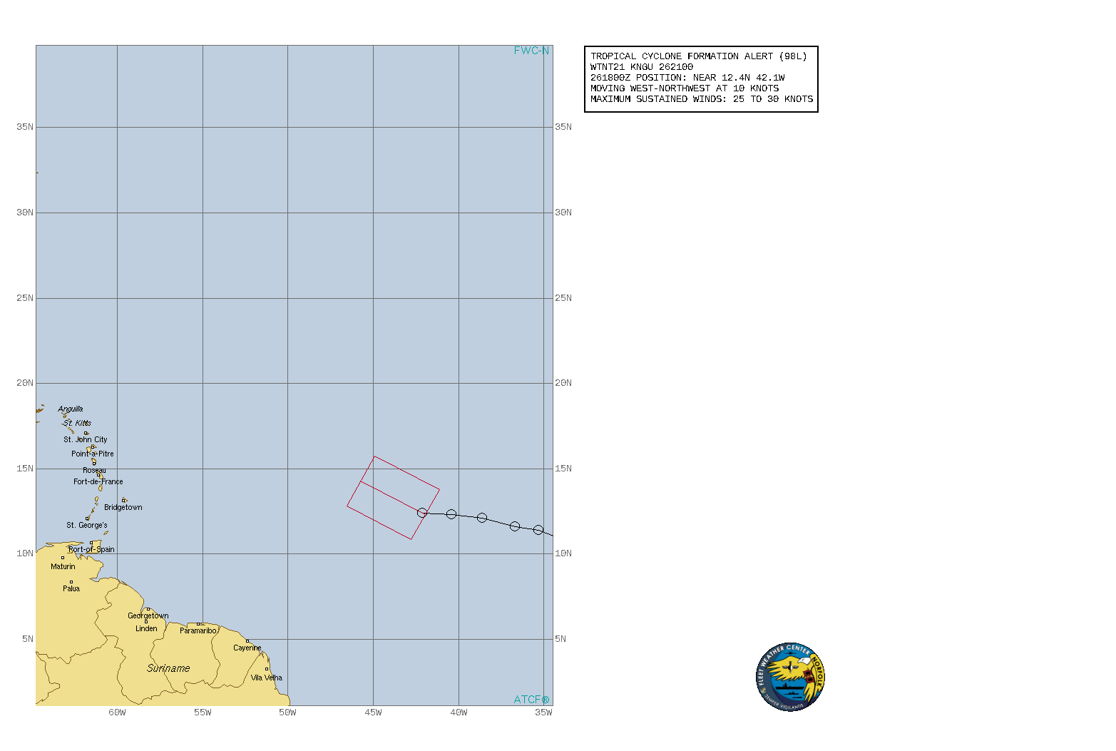 INVEST 98L. TROPICAL CYCLONE FORMATION ALERT ISSUED AT 26/21UTC.FORMATION OF A SIGNIFICANT TROPICAL CYCLONE IS POSSIBLE WITHIN 100 NM EITHER SIDE OF A LINE FROM 12.4N 42.1W TO 14.3N 45.7W WITHIN THE NEXT 24 HOURS. AVAILABLE DATA DOES NOT JUSTIFY ISSUANCE OF NUMBERED TROPICAL CYCLONE WARNINGS AT THIS TIME. WINDS IN THE AREA ARE ESTIMATED TO BE 25 TO 30 KNOTS. METSAT IMAGERY AT 261800Z INDICATES THAT A CIRCULATION CENTER IS LOCATED NEAR 12.4N 42.1W. THE SYSTEM IS MOVING WEST-NORTHWEST AT 8-12 KNOTS. 2. REMARKS: A VIGOROUS TROPICAL WAVE, SITUATED ABOUT MIDWAY BETWEEN THE CABO VERDE ISLANDS AND THE WINDWARD ISLANDS IS PRODUCING A LARGE AREA OF SHOWERS AND THUNDERSTORMS. UPPER LEVEL WINDS ARE FORECAST TO BE FAVORABLE FOR ADDITIONAL CONVECTIVE DEVELOPMENT AND A TROPICAL DEPRESSION IS LIKELY TO FORM DURING THE NEXT 24 HOURS. THE SYSTEM IS EXPECTED TO MOVE WEST-NORTHWEST AND THEN NORTHWEST AT 8-12 KTS DURING THE NEXT SEVERAL DAYS.