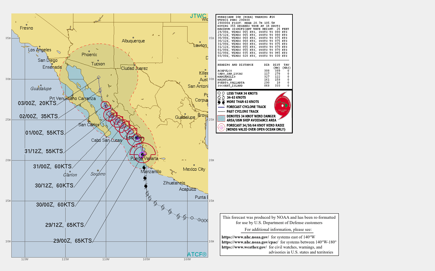 EASTERN PACIFIC. HU 14E(NORA). WARNING 14 ISSUED AT 29/04UTC. 14E TOOK A TEMPORARY TURN TO THE RIGHT AND MADE A BRIEF LANDFALL OVER THE NORTHWESTERN COAST OF JALISCO BUT IS FORECAST TO REMAIN OFFSHORE NEXT FEW DAYS WHILE WEAKENING BELOW 65KNOTS BY 30/00UTC.
