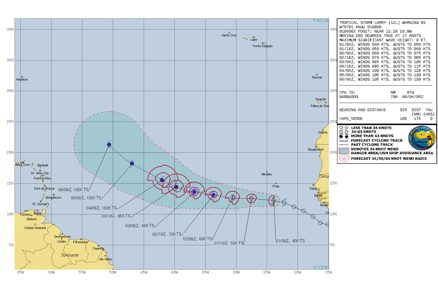 TS 12L(LARRY). WARNING 3 ISSUED AT 01/09UTC. CURRENT INTENSITY IS 40KNOTS: FORECAST TO REACH 70KNOTS/CAT 1 BY 02/18UTC AND 100KNOTS/CAT 3 BY 04/06UTC.