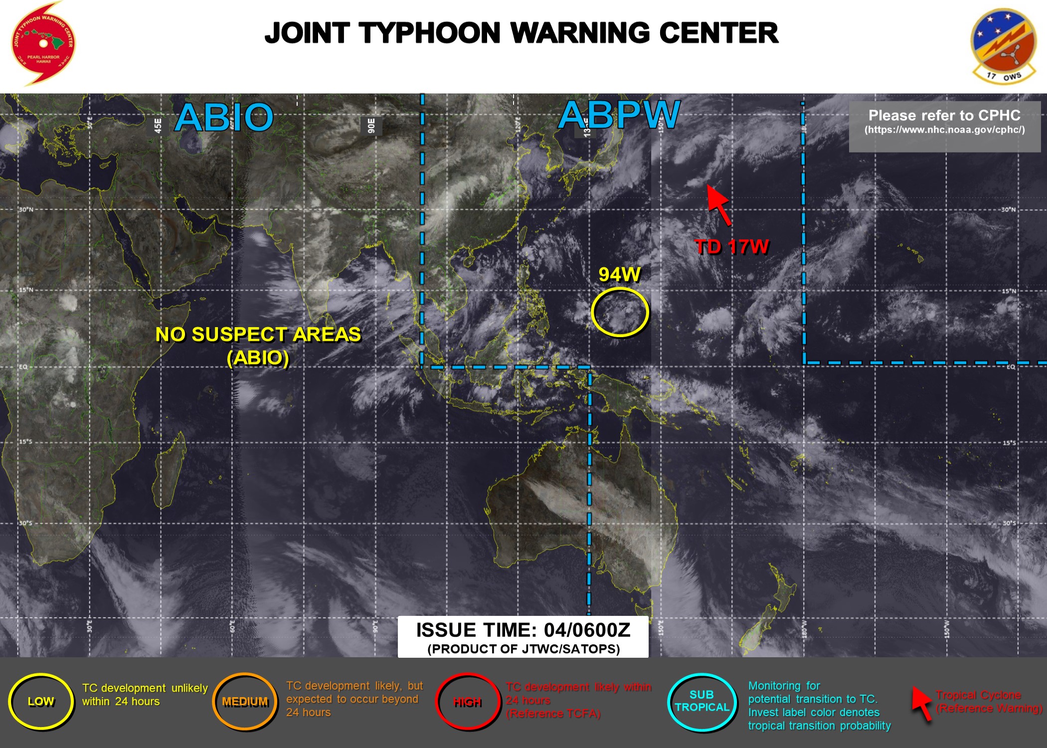 INVEST 94W. THE AREA OF CONVECTION (INVEST 94W) PREVIOUSLY LOCATED  NEAR 11.1N 143.1E IS NOW LOCATED NEAR 11.2N 141.9E, APPROXIMATELY  390 KM SOUTHWEST OF GUAM. ANIMATED MULTISPECTRAL SATELLITE IMAGERY  (MSI) DEPICTS A BROAD, WEAKLY DEFINED LOW-LEVEL CIRCULATION ABSENT  OF CONVECTIVE STRUCTURE. A 040039Z ASCAT-B PASS REVEALS PRIMARILY  LIGHT (5-10 KT) WINDS WITH SOME 15-25KT WINDS UNDER THE CONVECTION  DISPLACED FROM THE ILL-DEFINED CENTER. ENVIRONMENTAL ANALYSIS  INDICATES MARGINAL CONDITIONS FOR DEVELOPMENT CHARACTERIZED BY WEAK EQUATORWARD OUTFLOW, AND WARM (30C) SEA SURFACE TEMPERATURES (SST)  OFFSET BY MODERATE TO HIGH (15-25KT) VERTICAL WIND SHEAR (VWS).  MAXIMUM SUSTAINED SURFACE WINDS ARE ESTIMATED AT 15 TO 20  KNOTS. MINIMUM SEA LEVEL PRESSURE IS ESTIMATED TO BE NEAR 1007 MB.  THE POTENTIAL FOR THE DEVELOPMENT OF A SIGNIFICANT TROPICAL CYCLONE  WITHIN THE NEXT 24 HOURS REMAINS LOW. INVEST 94W. THE AREA OF CONVECTION (INVEST 94W) PREVIOUSLY LOCATED  NEAR 11.1N 143.1E IS NOW LOCATED NEAR 11.2N 141.9E, APPROXIMATELY  390 KM SOUTHWEST OF GUAM. ANIMATED MULTISPECTRAL SATELLITE IMAGERY  (MSI) DEPICTS A BROAD, WEAKLY DEFINED LOW-LEVEL CIRCULATION ABSENT  OF CONVECTIVE STRUCTURE. A 040039Z ASCAT-B PASS REVEALS PRIMARILY  LIGHT (5-10 KT) WINDS WITH SOME 15-25KT WINDS UNDER THE CONVECTION  DISPLACED FROM THE ILL-DEFINED CENTER. ENVIRONMENTAL ANALYSIS  INDICATES MARGINAL CONDITIONS FOR DEVELOPMENT CHARACTERIZED BY WEAK EQUATORWARD OUTFLOW, AND WARM (30C) SEA SURFACE TEMPERATURES (SST)  OFFSET BY MODERATE TO HIGH (15-25KT) VERTICAL WIND SHEAR (VWS).  MAXIMUM SUSTAINED SURFACE WINDS ARE ESTIMATED AT 15 TO 20  KNOTS. MINIMUM SEA LEVEL PRESSURE IS ESTIMATED TO BE NEAR 1007 MB.  THE POTENTIAL FOR THE DEVELOPMENT OF A SIGNIFICANT TROPICAL CYCLONE  WITHIN THE NEXT 24 HOURS REMAINS LOW.