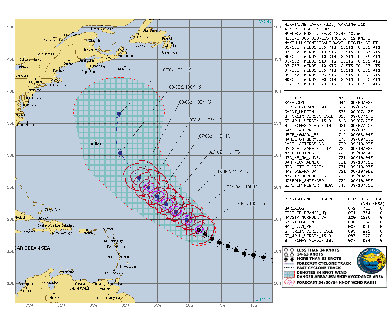 ATLANTIC. HU 12L(LARRY). WARNING 19 ISSUED AT 05/09UTC. CURRENT INTENSITY IS 105KNOTS/CAT 3. FORECAST TO REMAIN EQUAL OR ABOVE 100KNOTS FOR THE NEXT 4 DAYS.
