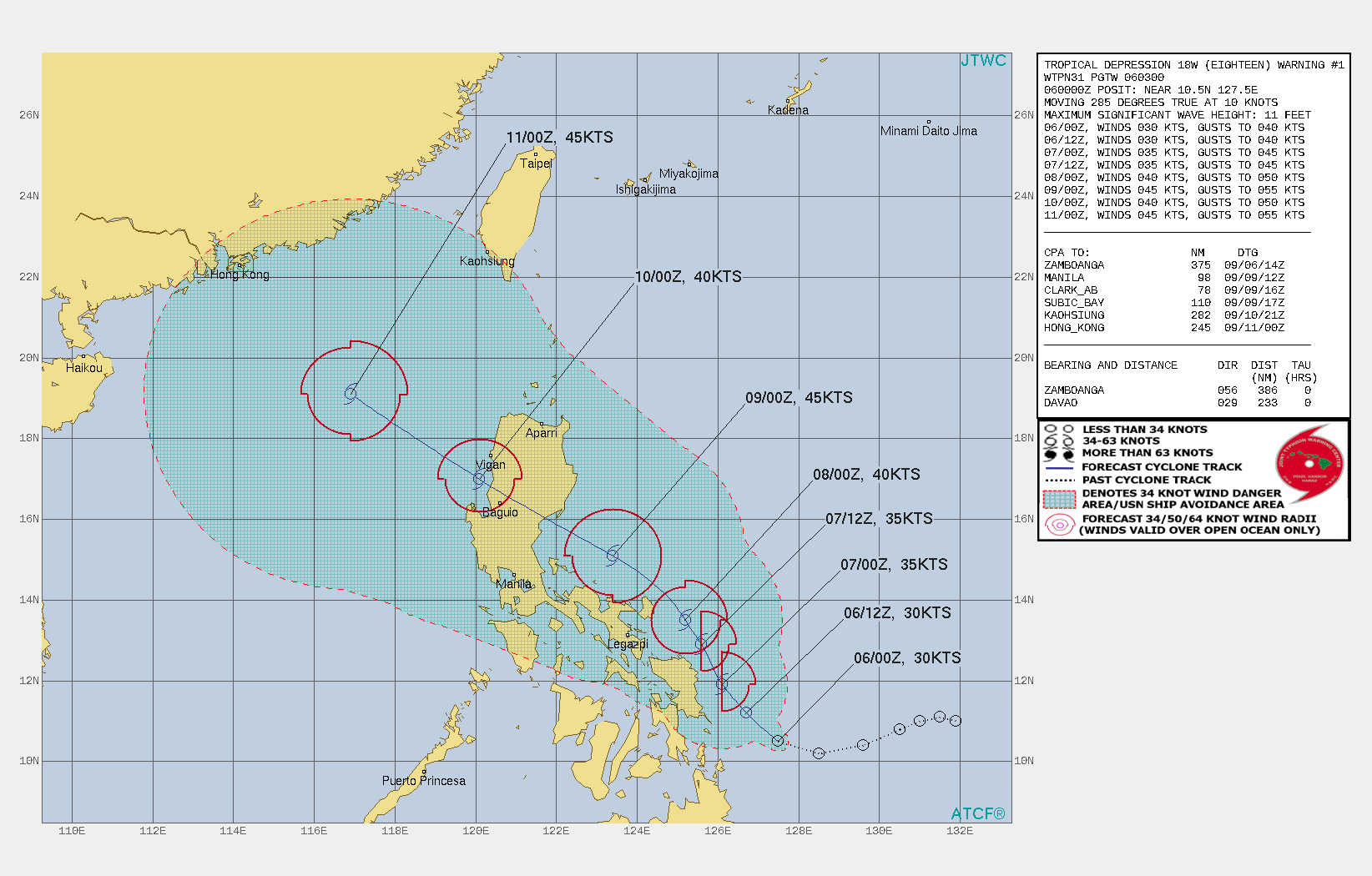 TD 18W. WARNING 1 ISSUED AT 06/03UTC.THIS INITIAL PROGNOSTIC REASONING MESSAGE ESTABLISHES THE FORECAST PHILOSOPHY.  FORECAST DISCUSSION: TD 18W IS EXPECTED TO CONTINUE GENERALLY ON ITS CURRENT TRACK FOR THE ENTIRETY OF THE FORECAST, MAKING LANDFALL NEAR BALER, PHILIPPINES AROUND 84H, CROSS LUZON, THEN EXIT INTO THE SOUTH CHINA SEA (SCS) JUST BEFORE 96H. THE MARGINALLY FAVORABLE ENVIRONMENT, TEMPERED FURTHER BY OUTFLOW FROM ANOTHER CYCLONE WEST OF GUAM THAT IS EXPECTED TO BE DOMINANT, WILL FUEL WEAK INTENSIFICATION TO A PEAK OF 45KNOTS BY 72H; AFTERWARD, LAND INTERACTION, MOSTLY, WILL REDUCE IT TO 40 KNOTS AS IT EXITS INTO THE  SCS. THE WARM WATER MAY AID TO RE-INTENSIFY IT BACK TO 45 KNOTS BY 120H.