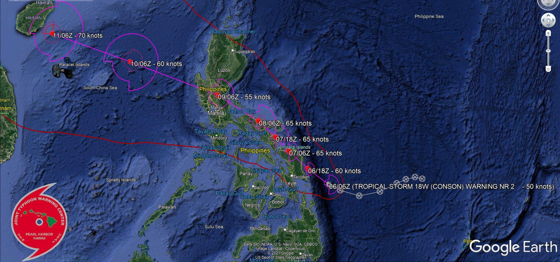 TS 18W(CONSON). WARNING 2 ISSUED AT 06/09UTC.SIGNIFICANT FORECAST CHANGES: CURRENT INTENSITY AND FORECAST INTENSITY HAVE BEEN SIGNIFICANTLY INCREASED FROM PREVIOUS WARNING.  FORECAST DISCUSSION: TS 18W IS FORECAST TO CONTINUE NORTHWESTWARD ON ITS CURRENT TRACK, SKIRTING ALONG THE EASTERN PORTION OF THE PHILIPPINES AND THEN EVENTUALLY CROSSING LUZON 70 KM NORTH OF MANILA AROUND 72H. AFTERWARDS, IT WILL REEMERGE OVER WATER, HEADING WEST-NORTHWESTWARD TOWARDS HAINAN. THE SYSTEM IS EXPECTED TO REACH AN INTENSITY OF 65 KNOTS/CAT 1 BY 24H, AT WHICH TIME LAND INTERACTION WILL SLOW INTENSIFICATION AND EVENTUALLY DECREASE TO 55 KNOTS AS IT CROSSES LUZON. BY 120H, WARM SEA SURFACE TEMPERATURES AND LOW VERTICAL WIND SHEAR WILL ALLOW TS 18W TO REACH AN INTENSITY OF 70 KNOTS/CAT 1. OF NOTE, TD 19W IS CURRENTLY 1295KM EAST-NORTHEASTWARD OF TS 18W. THIS DISTANCE IS ON THE HIGHER THRESHOLD OF POSSIBLE BINARY INTERACTION BETWEEN THE SYSTEMS AND THE CURRENT FORECAST DOES NOT PREDICT ANY INTERACTION, AS THE CURRENT FORECAST TRACKS MAINTAIN ABOUT 1300 KM SEPARATION UP TO 72H, AT WHICH POINT THE DISTANCE BEGINS TO INCREASE.
