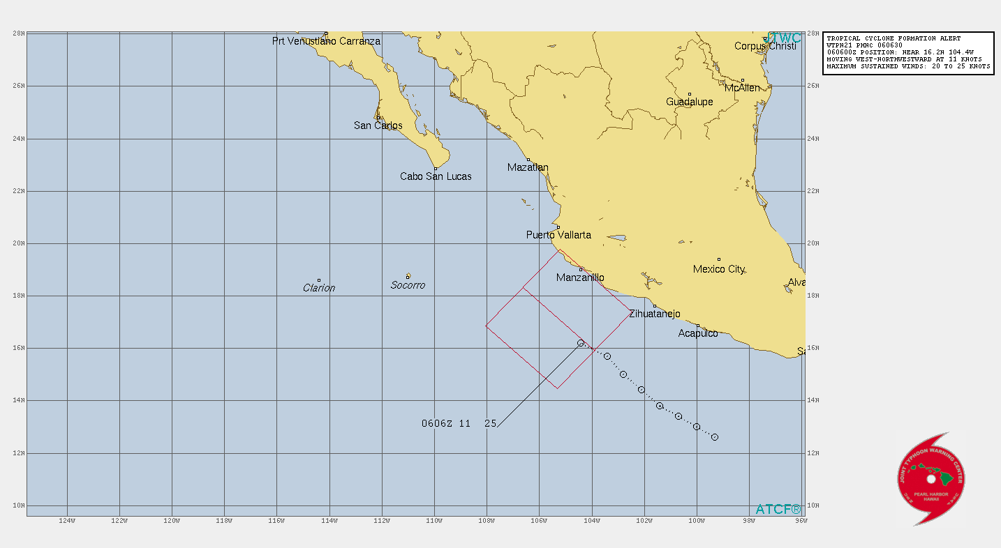 EASTERN PACIFIC. INVEST 96E. TROPICAL CYCLONE FORMATION ALERT ISSUED AT 06/0630UTC.FORMATION OF A SIGNIFICANT TROPICAL CYCLONE IS POSSIBLE WITHIN 120 NM EITHER SIDE OF A LINE FROM 15.9N 103.9W TO 18.3N 106.6W WITHIN THE NEXT 12 TO 24 HOURS. AVAILABLE DATA DOES NOT JUSTIFY ISSUANCE OF NUMBERED TROPICAL CYCLONE WARNINGS AT THIS TIME. WINDS IN THE AREA ARE ESTIMATED TO BE 20 TO 25 KNOTS. METSAT IMAGERY AT 060600Z INDICATES THAT A CIRCULATION CENTER IS LOCATED NEAR 16.2N 104.4W. THE SYSTEM IS MOVING WEST-NORTHWESTWARD AT 21 KM/H. 2. REMARKS: MAXIMUM SUSTAINED SURFACE WINDS ARE ESTIMATED AT 20 TO 25 KNOTS. MINIMUM SEA LEVEL PRESSURE IS ESTIMATED TO BE NEAR 1004 MB. THE POTENTIAL FOR THE DEVELOPMENT OF A SIGNIFICANT TROPICAL CYCLONE WITHIN THE NEXT 24 HOURS IS HIGH.