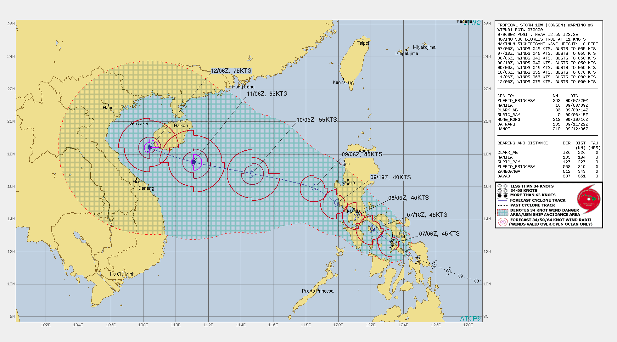 TS 18W(CONSON). WARNING 6 ISSUED AT 07/09UTC.SIGNIFICANT FORECAST CHANGES: THERE ARE NO SIGNIFICANT CHANGES TO THE FORECAST FROM THE PREVIOUS WARNING.  FORECAST DISCUSSION: TS 18W IS FORECAST TO CONTINUE TRACKING NORTHWESTWARD, GENERALLY TOWARDS THE MANILA METRO AREA, OVER THE NEXT 24 HOURS AND EMERGE INTO THE SOUTH CHINA SEA ONCE MORE NEAR 36H, MOVING ALONG THE WESTERN PERIPHERY OF THE NEAR EQUATORIAL RIDGE(NER) CENTERED TO THE EAST AND THE SOUTHERN PERIPHERY OF THE SUBTROPICAL RIDGE(STR)TO THE NORTH. AFTER EMERGING INTO THE SOUTH CHINA SEA, THE TRACK OF 18W IS FORECAST TO FLATTEN OUT, BECOMING MORE WEST-NORTHWESTWARD AS THE STR TO THE NORTH BECOMES THE DOMINATE STEERING MECHANISM. AS THE SYSTEM TRACKS OVER THE SIBUYAN SEA IT IS LIKELY TO MAINTAIN ITS CURRENT INTENSITY, AND COULD POTENTIALLY SEE SHORT-TERM INTENSIFICATION WHILE OVER THE WARM WATERS, BEFORE MAKING ANOTHER LANDFALL ON THE SOUTHERN COAST OF LUZON SOUTHEAST OF MANILA. THE RUGGED TERRAIN WILL SERVE TO WEAKEN TS 18W TO 40 KNOTS BEFORE REEMERGING OVER OPEN WATERS NEAR 36H. ENVIRONMENTAL CONDITIONS OF LOW (10-15 KTS) VERTICAL WIND SHEAR, MODERATE WESTWARD OUTFLOW AND WARM (29C) SSTS, ARE EXPECTED TO REMAIN FAVORABLE AND SUPPORT SLOW BUT STEADY INTENSIFICATION AFTER 48H, REACHING A PEAK OF 75 KNOTS/CAT 1 BY 120H.