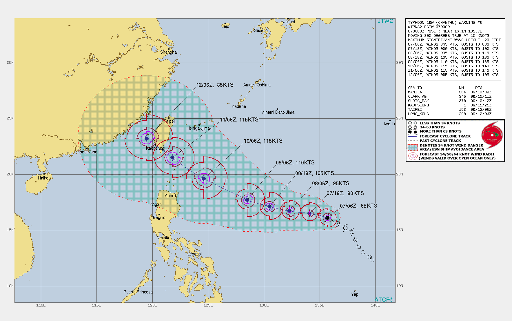 TY 19W(CHANTHU). WARNING 6 ISSUED AT 07/09UTC.SIGNIFICANT FORECAST CHANGES: THERE ARE NO SIGNIFICANT CHANGES TO THE FORECAST FROM THE PREVIOUS WARNING.  FORECAST DISCUSSION: TY 19W IS FORECAST TO CONTINUE TRACKING WEST-NORTHWESTWARD THROUGH T48H ALONG THE SOUTHERN PERIPHERY OF THE DEEP SUBTROPICAL RIDGE(STR) CENTERED TO THE NORTH. GLOBAL MODEL FIELDS INDICATE THAT BY AROUND 48H THE RIDGE TO THE NORTH WILL BEGIN TO WEAKEN SLIGHTLY, ERODED BY THE TRANSIT OF A MINOR SHORTWAVE TROUGH, WHILE THE STR CENTER WILL MOVE EAST AND THE WESTERN PERIPHERY OF THIS RIDGE WILL REORIENT TO A NORTH-SOUTH AXIS. THE NET RESULT FOR TY 19W WILL BE A GRADUAL TURN POLEWARD TOWARDS THE COAST OF SOUTHERN TAIWAN. THE SYSTEM IS EXPECTED TO MAKE LANDFALL ALONG THE SOUTHERN TIP OF TAIWAN NEAR 96H THEN MOVE INTO THE SOUTHERN TAIWAN STRAIT. TY 19W HAS EXHIBITED DRAMATIC IMPROVEMENTS IN ITS CONVECTIVE STRUCTURE AND IS BEGINNING TO RAPIDLY INTENSIFY. THE RAPID INTENSIFICATION PREDICTION AID (RIPA) HAS CONTINUED TO BE TRIGGERED, PROVIDING INCREASING CONFIDENCE IN THE FORECAST INTENSITIES THROUGH 48H. THE SYSTEM IS NOW FORECAST TO INTENSIFY TO 95 KNOTS/CAT 2 BY 24H AND 115 KNOTS/CAT 4 BY 48H UNDER VERY FAVORABLE ENVIRONMENTAL CONDITIONS OF WARM (30C) SSTS, LOW (5-10 KTS) VERTICAL WIND SHEAR(VWS) AND RADIAL OUTFLOW. AS THE SYSTEM APPROACHES TAIWAN, IT IS EXPECTED TO TAP INTO SOME POLEWARD OUTFLOW, BUT AT THE SAME TIME SSTS ARE FORECAST TO COOL SLIGHTLY WHILE VWS IS FORECAST TO INCREASE. THESE PARAMETERS SHOULD OFFSET ONE ANOTHER, RESULTING IN THE SYSTEM MAINTAINING INTENSITY THROUGH LANDFALL, WITH SIGNIFICANT WEAKENING THEREAFTER AS THE SYSTEM INTERACTS WITH THE RUGGED TERRAIN OF TAIWAN. TROPICAL STORM CONSON (18W) IS LOCATED APPROXIMATELY 1325KM TO THE SOUTHWEST. THE TWO SYSTEMS ARE EXPECTED TO CLOSE TO WITHIN 1050-1090KM AROUND 72H BUT THE PROBABILITY OF BINARY INTERACTION REMAINS LOW DUE TO THE COMPACT NATURE OF BOTH SYSTEMS.