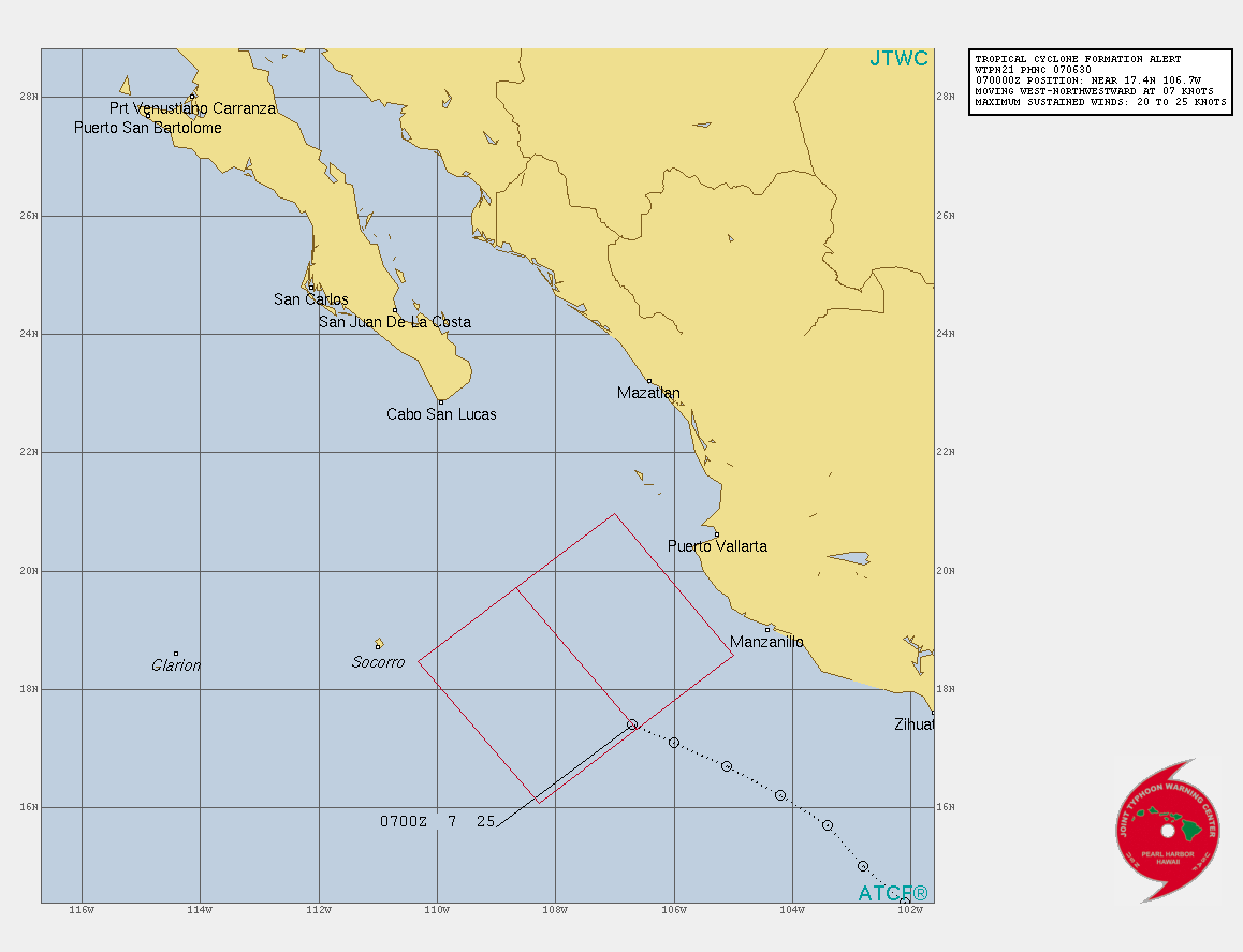 EASTERN PACIFIC. INVEST 96E. TROPICAL CYCLONE FORMATION ALERT ISSUED AT 07/06UTC. FORMATION OF A SIGNIFICANT TROPICAL CYCLONE IS POSSIBLE WITHIN 220 KM EITHER SIDE OF A LINE FROM 17.4N 106.6W TO 19.7N 108.7W WITHIN THE NEXT 12 TO 24 HOURS. AVAILABLE DATA DOES NOT JUSTIFY ISSUANCE OF NUMBERED TROPICAL CYCLONE WARNINGS AT THIS TIME. WINDS IN THE AREA ARE ESTIMATED TO BE 20 TO 25 KNOTS. METSAT IMAGERY AT 070000Z INDICATES THAT A CIRCULATION CENTER IS LOCATED NEAR 17.4N 106.7W. THE SYSTEM IS MOVING WEST-NORTHWESTWARD AT 13 KM/H. 2. REMARKS:REMARKS: THE AREA OF CONVECTION (INVEST 96E) PREVIOUSLY  LOCATED NEAR 16.2N 104.4W IS NOW LOCATED NEAR 17.4N 106.7W,  APPROXIMATELY 295 KM SOUTHWEST OF MANZANILLO, MEXICO. ANIMATED  ENHANCED INFRARED (EIR) SATELLITE IMAGERY AND A 0111Z SSMIS 91GHZ  IMAGE DEPICT A SMALL POCKET OF CONVECTION TO THE EAST OF A BROAD LOW  LEVEL CIRCULATION (LLC). INVEST 96E IS IN A FAVORABLE ENVIRONMENT  FOR DEVELOPMENT CHARACTERIZED BY STRONG OUTFLOW ALOFT, LOW  VERTICAL WIND SHEAR (VWS), AND WARM (28-29C) SEA SURFACE  TEMPERATURES (SST).MAXIMUM SUSTAINED SURFACE  WINDS ARE ESTIMATED AT 20 TO 25 KNOTS. MINIMUM SEA LEVEL PRESSURE IS  ESTIMATED TO BE NEAR 1004 MB. THE POTENTIAL FOR THE DEVELOPMENT OF A  SIGNIFICANT TROPICAL CYCLONE WITHIN THE NEXT 24 HOURS REMAINS HIGH.
