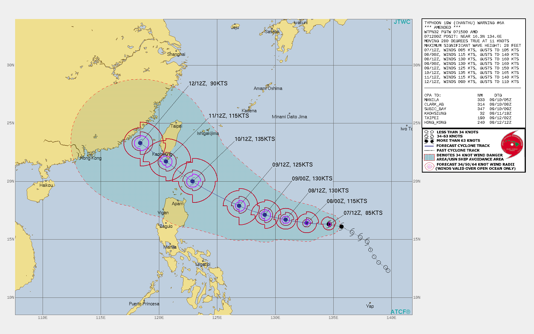 TY 19W(CHANTHU). WARNING 6 WAS ISSUED AND AMENDED AT 07/15UTC. AT 12UTC THE INITIAL ESTIMATE WAS 70KNOTS AND WAS RAISED TO 85KNOTS WITH THE AMENDED WARNING. THE FORECAST WAS CALLING FOR 115KNOTS AT 08/00UTC. THE ACTUAL RATE OF INTENSIFICATION HAS EXCEEDED THE FORECAST. TY 19W(CHANTHU). WARNING 6 WAS ISSUED AND AMENDED AT 07/15UTC. AT 12UTC THE INITIAL ESTIMATE WAS 70KNOTS AND WAS RAISED TO 85KNOTS WITH THE AMENDED WARNING. THE FORECAST WAS CALLING FOR 115KNOTS AT 08/00UTC. THE ACTUAL RATE OF INTENSIFICATION HAS EXCEEDED THE FORECAST.