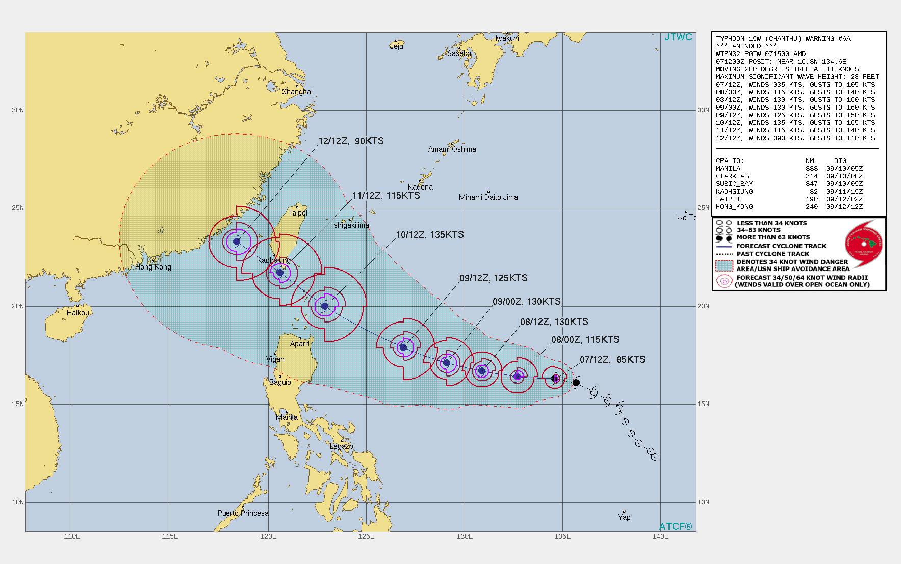 TY 19W(CHANTHU). WARNING 6 WAS ISSUED AND AMENDED AT 07/15UTC. AT 12UTC THE INITIAL ESTIMATE WAS 70KNOTS AND WAS RAISED TO 85KNOTS WITH THE AMENDED WARNING. THE FORECAST WAS CALLING FOR 115KNOTS AT 08/00UTC. THE ACTUAL RATE OF INTENSIFICATION HAS EXCEEDED THE FORECAST.