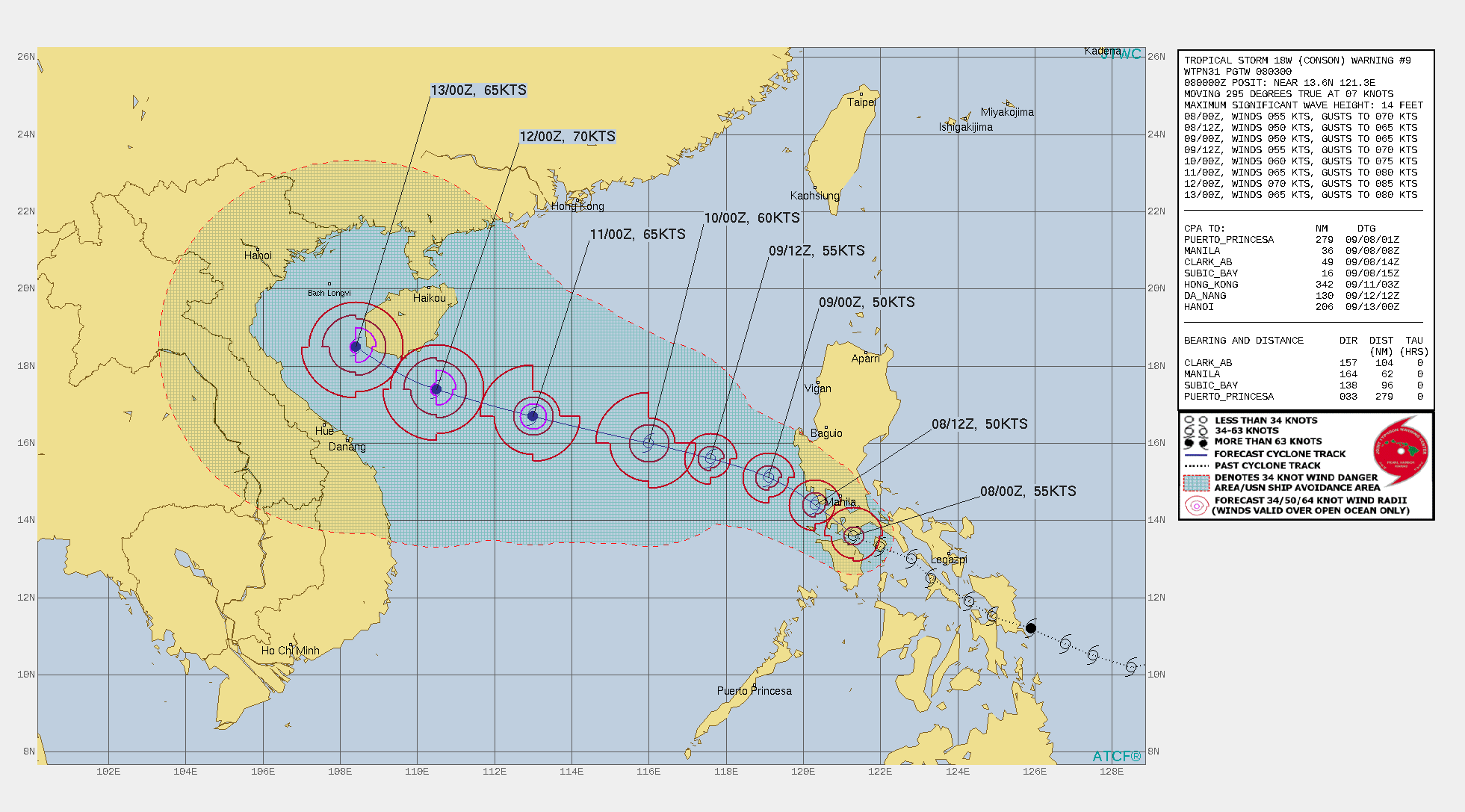 TS 18W(CONSON). WARNING 9 ISSUED AT 08/03UTC.THERE ARE NO SIGNIFICANT CHANGES TO THE FORECAST FROM THE PREVIOUS WARNING.  FORECAST DISCUSSION: TS 18W IS FORECAST TO WEAKEN SLIGHTLY TO 50 KNOTS AS IT TRACKS NORTHWESTWARD OVER SOUTHERN LUZON. AFTER 24H, THE SYSTEM WILL GRADUALLY STRENGTHEN OVER THE SOUTH CHINA SEA AS IT TRACKS WESTWARD TO WEST-NORTHWESTWARD TOWARD HAINAN ISLAND. THERE IS A LOW PROBABILITY THAT WEAK INTERACTION AND POSSIBLY MINOR TRACK CHANGES MAY OCCUR AFTER 48H AS TS 18W CLOSES WITHIN ABOUT 900KM OF TY 19W AT 60H.