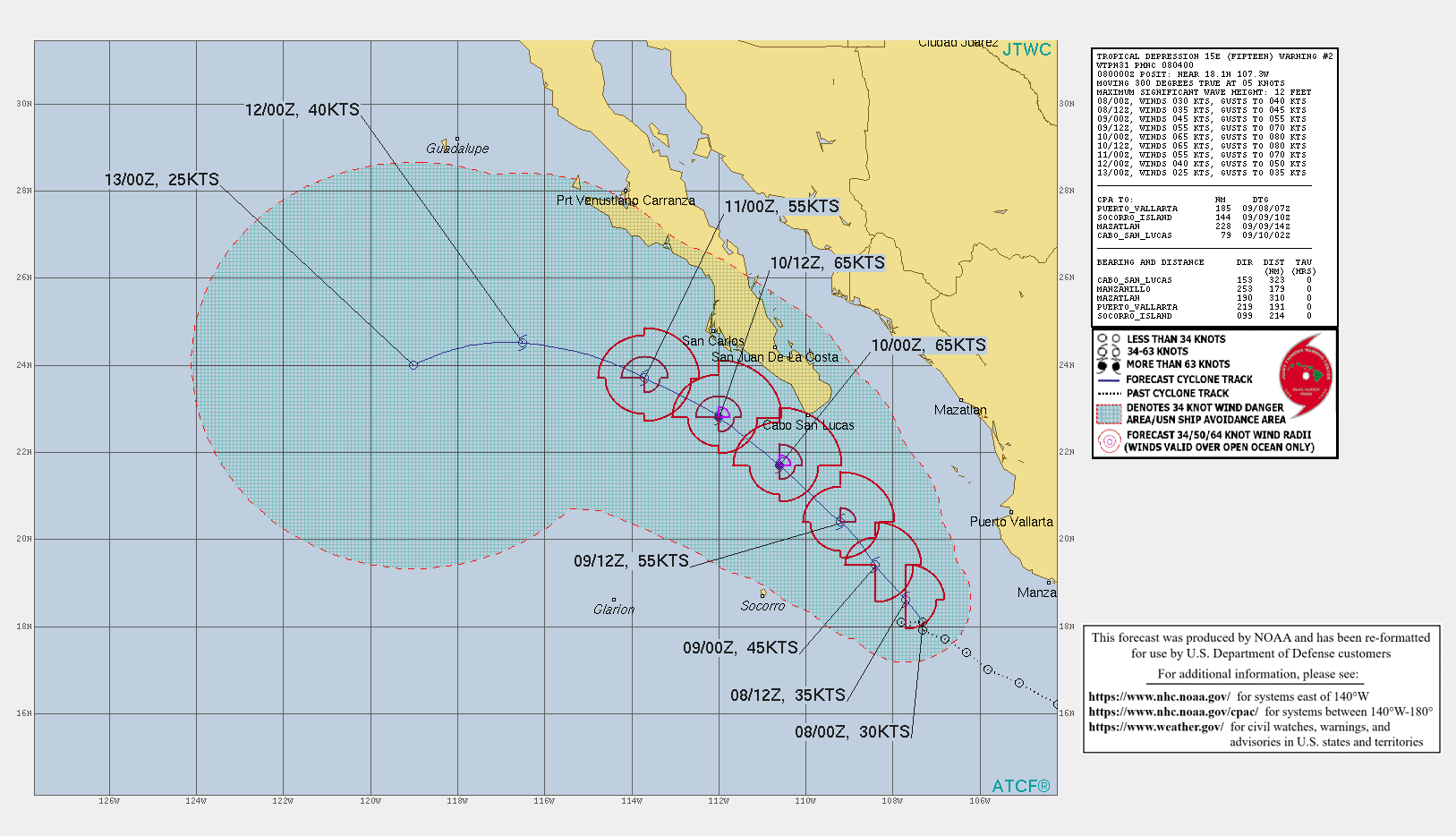 EASTERN PACIFIC. TD 15E. WARNING 2 ISSUED AT 08/04UTC. CURRENT INTENSITY IS 30KNOTS AND IS FORECAST TO PEAK AT 65KNOTS/CAT 1 BY 10/00UTC.