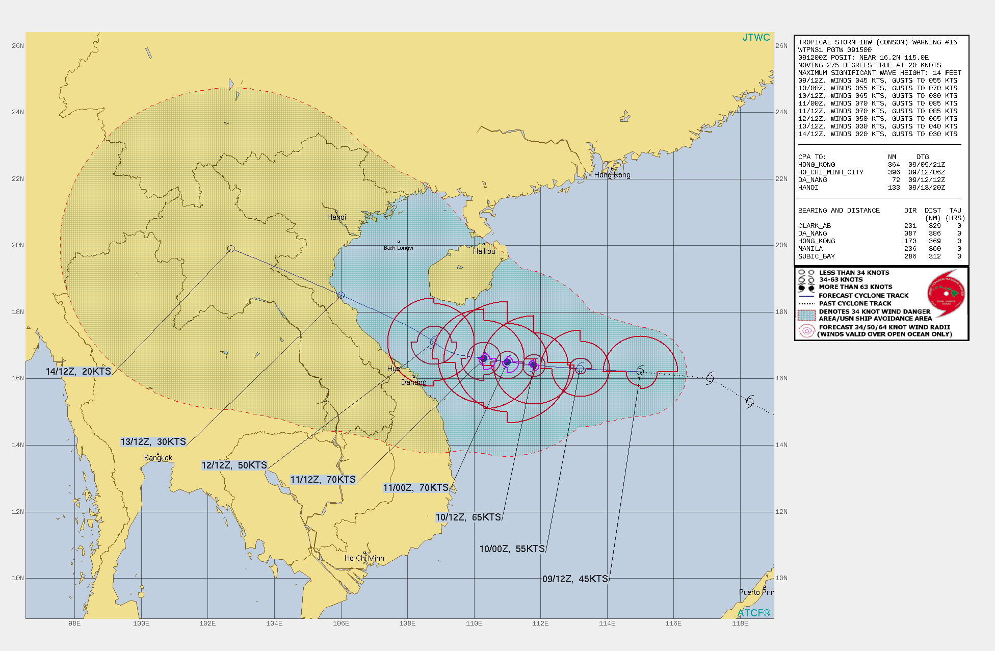 TS 18W(CONSON). WARNING 15 ISSUED AT 09/15UTC.SIGNIFICANT FORECAST CHANGES: THERE ARE NO SIGNIFICANT CHANGES TO THE FORECAST FROM THE PREVIOUS WARNING.  FORECAST DISCUSSION: TROPICAL STORM (TS) 18W IS CURRENTLY TRACKING WESTWARD UNDER THE INFLUENCE OF THE SUBTROPICAL RIDGE TO THE NORTHEAST. AROUND 48H, IT WILL TURN MORE WEST-NORTHWESTWARD AS A MID-LATITUDE TROUGH BEGINS TO DEEPEN TO THE NORTH, CREATING A WEAK  STEERING ENVIRONMENT. THE SYSTEM IS EXPECTED TO MAKE LANDFALL OVER  NORTHERN VIETNAM ROUGHLY 185 KM SOUTH OF HANOI. THE MARGINALLY  FAVORABLE ENVIRONMENT WILL ALLOW SLIGHT INTENSIFICATION TO A PEAK OF  70 KNOTS/CAT 1 AROUND 48H. AFTERWARD, INCREASING VERTICAL WIND SHEAR AND  LAND INTERACTION WITH THE COAST OF VIETNAM WILL WEAKEN THE SYSTEM TO  30 KNOTS JUST BEFORE LANDFALL AT ABOUT 96H.