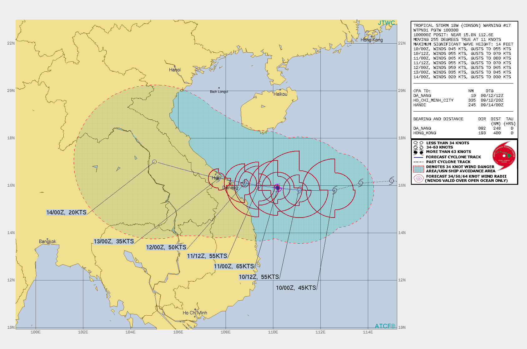 TS 18W(CONSON). WARNING 18 ISSUED AT 10/03UTC.SIGNIFICANT FORECAST CHANGES: THERE ARE NO SIGNIFICANT CHANGES TO THE FORECAST FROM THE PREVIOUS WARNING.  FORECAST DISCUSSION: TS CONSON WILL GENERALLY TRACK WESTWARD UNDER THE SUBTROPICAL RIDGE(STR) TOWARD CENTRAL VIETNAM AND MAKE LANDFALL JUST BEFORE 72H NEAR DANANG. AFTERWARD, IT WILL TURN MORE WEST-NORTHWESTWARD AS THE STR IS WEAKENED BY A MIDLATITUDE TROUGH. THE MARGINALLY FAVORABLE ENVIRONMENT WILL FUEL A SLOW INTENSIFICATION TO A PEAK OF 65KNOTS/CAT 1 BY 24H; AFTERWARD, INCREASING VERTICAL WIND SHEAR WILL GRADUALLY WEAKEN IT DOWN TO 35KNOTS BY LANDFALL. CONCURRENTLY, INTERACTION WITH THE SOUTHWESTERLY MONSOON IN THE GULF OF TONKIN WILL MAINTAIN THE WESTWARD TRACK, EFFECTIVELY DELAYING THE WEST-NORTHWESTWARD TRACK UNTIL AFTER LANDFALL. TS 18W WILL DISSIPATE DUE TO FRICTIONAL EFFECTS OVER LAND BY 96H.