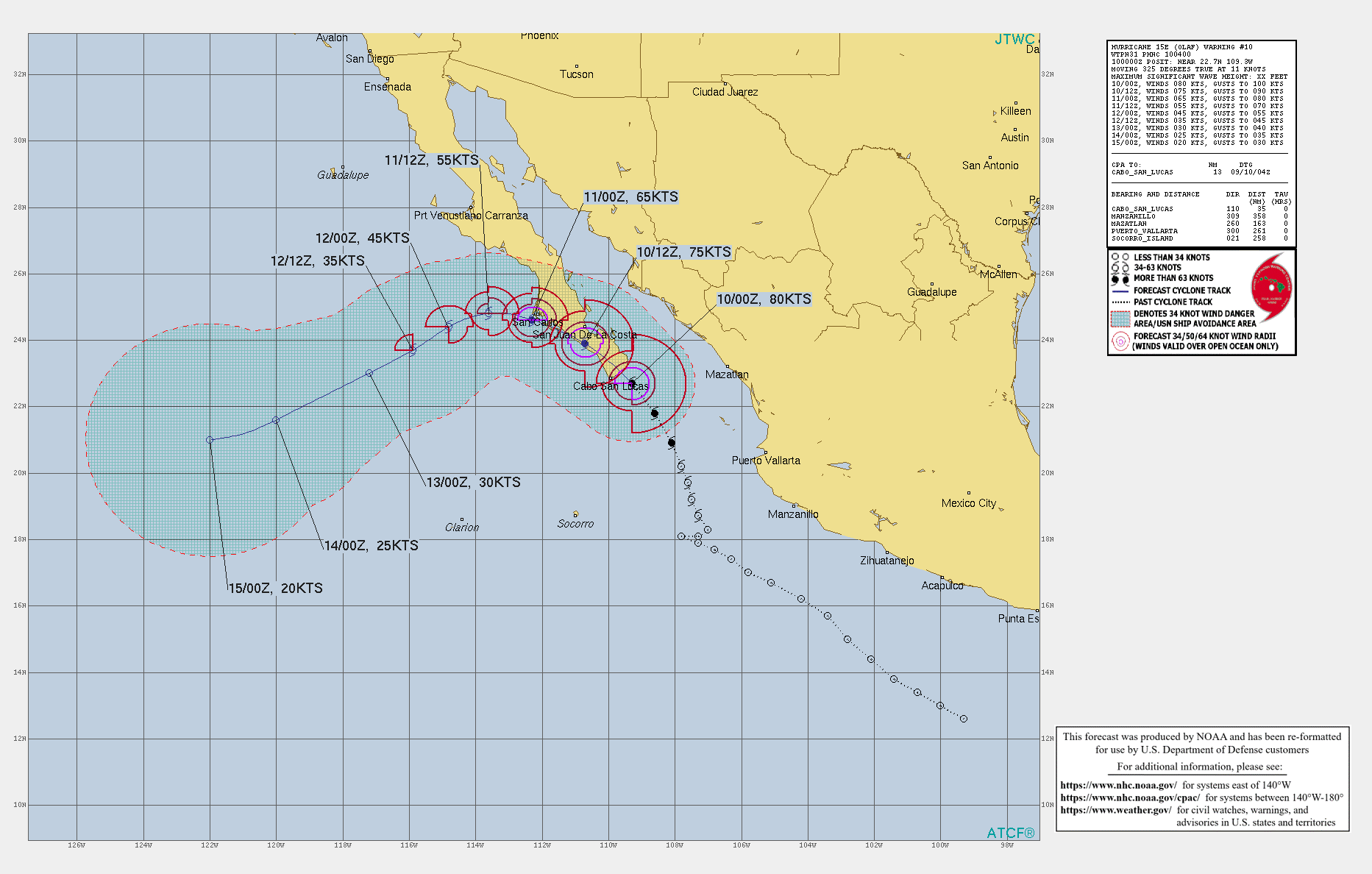 EASTERN PACIFIC. HU 15E(OLAF). WARNING 10 ISSUED AT 10/03UTC. CURRENT INTENSITY IS 80KNOTS/CAT1. THE HURRICANE IS POISED TO MAKE LANDFALL APPRX 25KM EAST OF CABO SAN LUCAS/MEXICO.