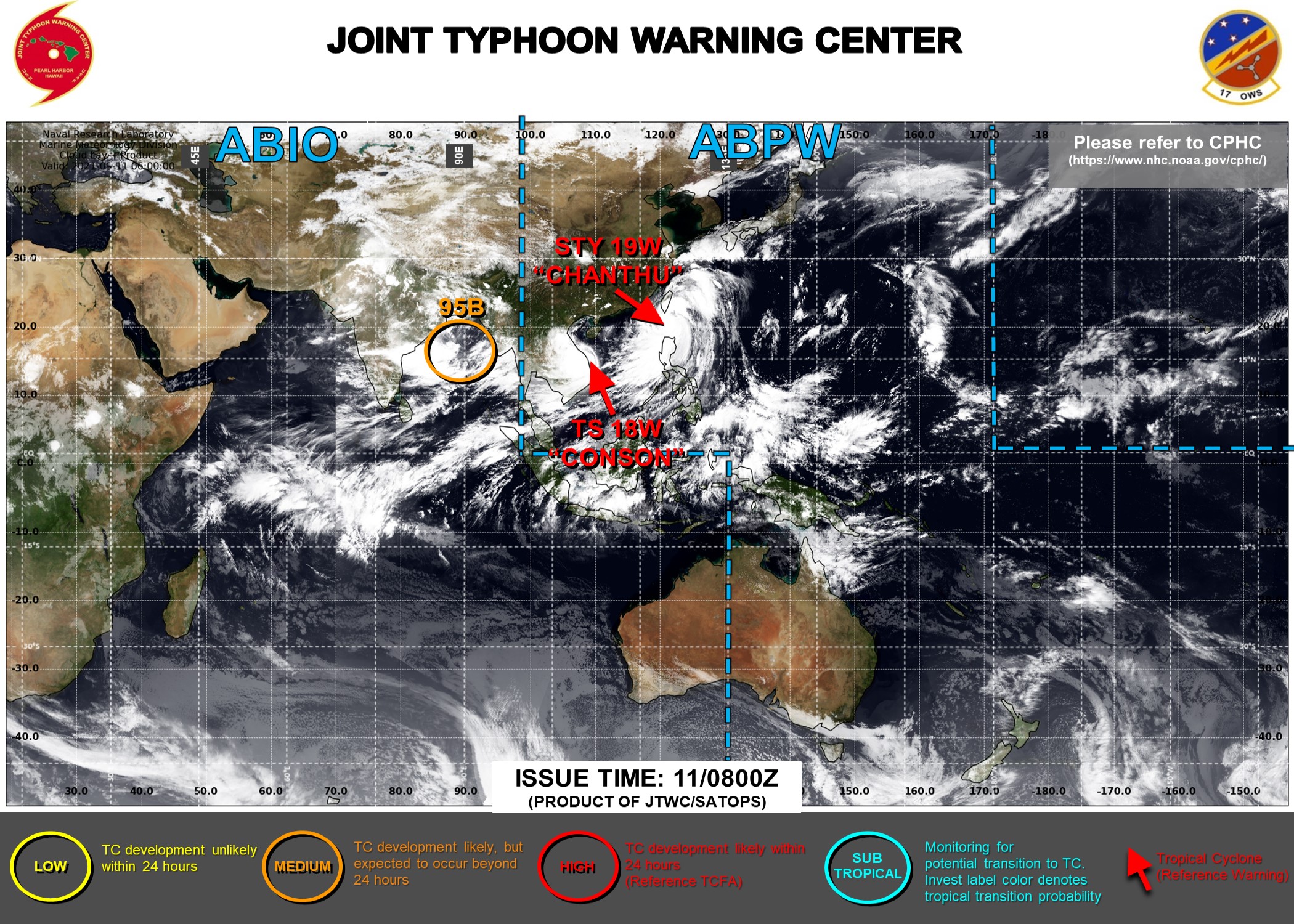 JTWC ARE ISSUING 6HOURLY WARNINGS AND 3HOURLY SATELLITE BULLETINS ON 18W AND 19W. A TROPICAL CYCLONE FORMATION ALERT WAS ISSUED FOR 96W AT 10/17UTC AND HAS BEEN CANCELLED AT 11/07UTC. 95B IS NOW A ON THE MAP(10/18UTC) AS MEDIUM.