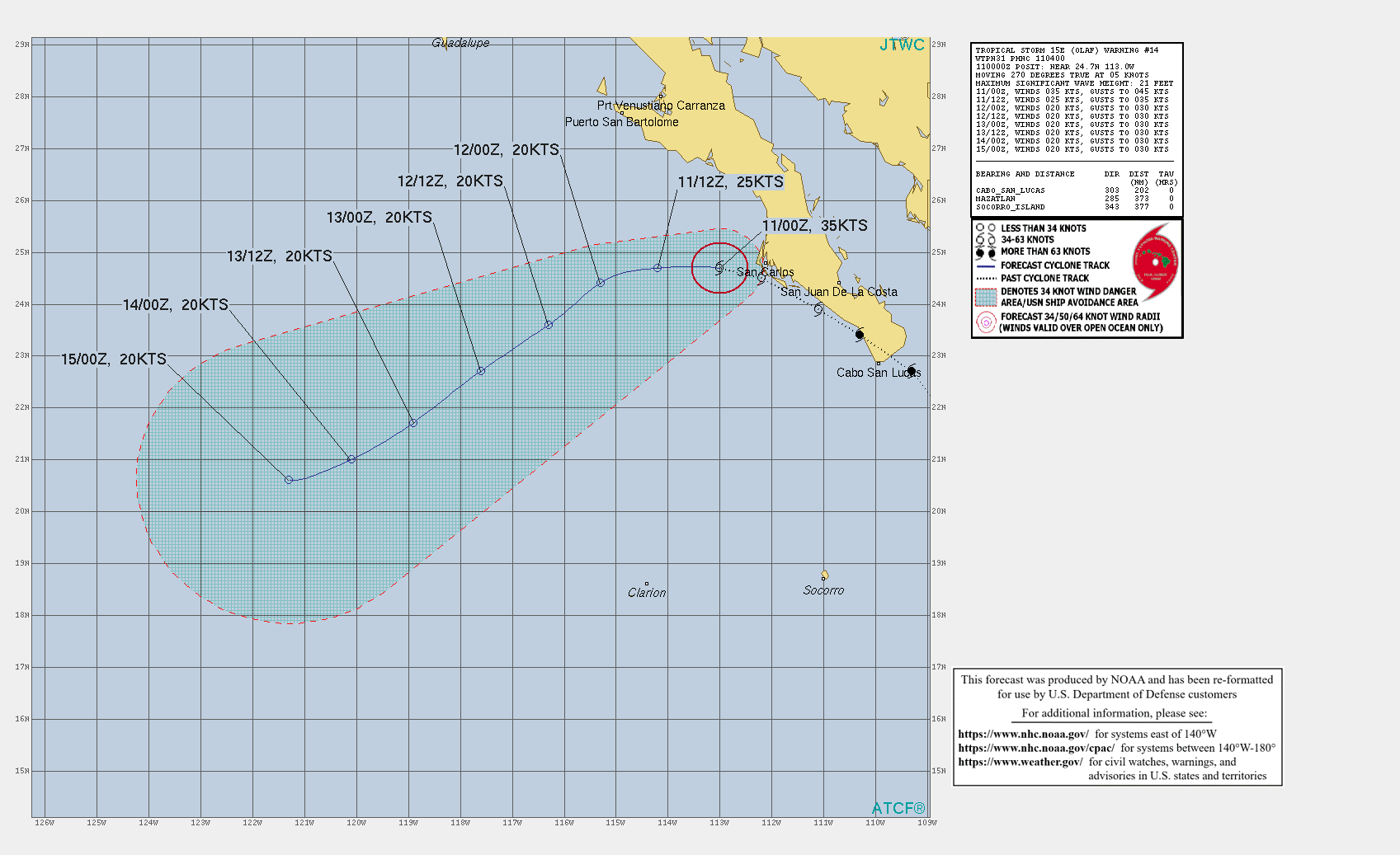 EASTERN PACIFIC. TS 15E(OLAF). WARNING 14 ISSUED AT 11/04UTC.CURRENT INTENSITY IS 35KNOTS  AND IS FORECAST TO FALL BELOW 25KNOTS BY 12/00UTC.