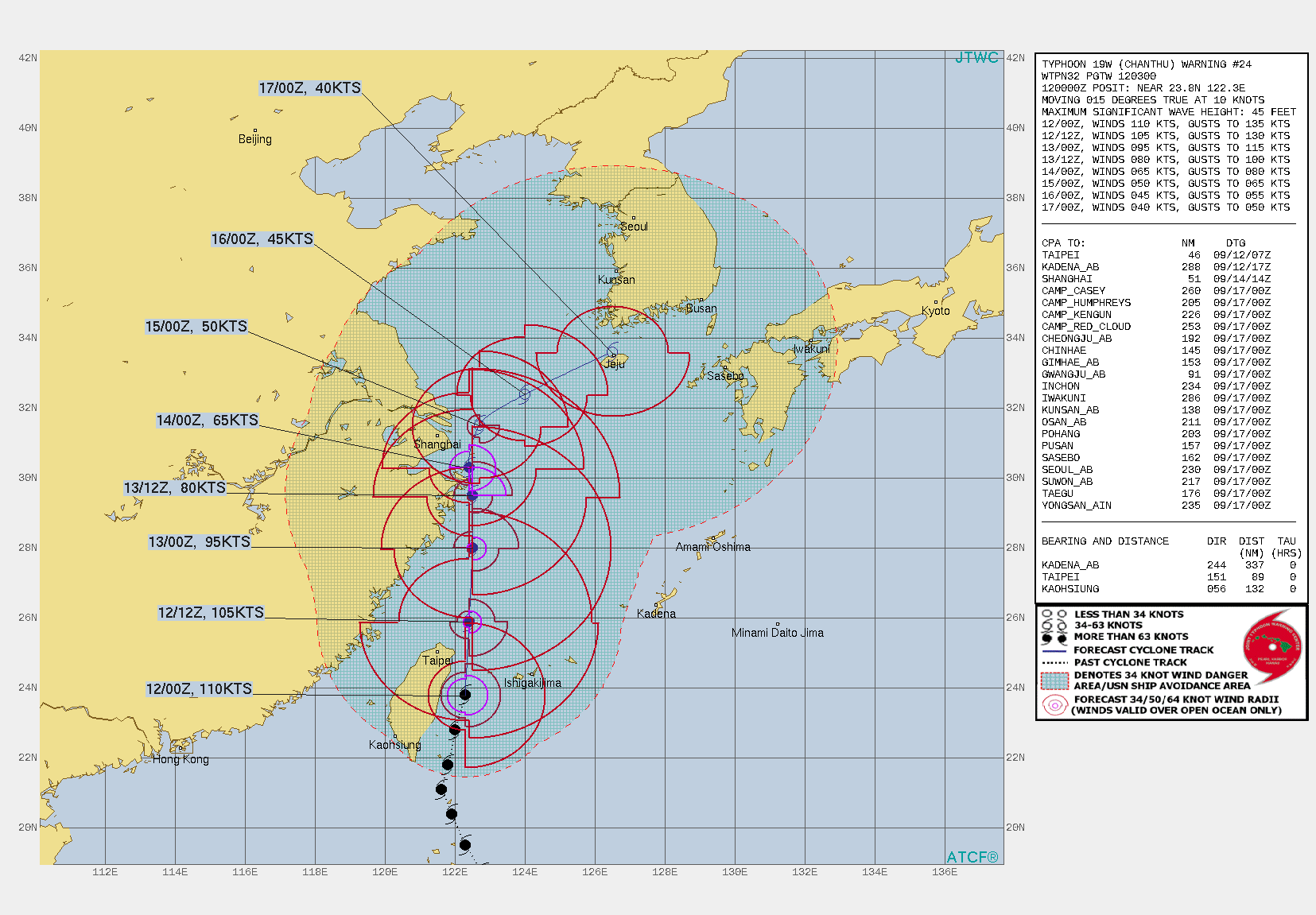 TY 19W(CHANTHU). WARNING 24 ISSUED AT 12/03UTC.SIGNIFICANT FORECAST CHANGES: THE SYSTEM IS NOW EXPECTED TO BEGIN EXTRA-TROPICAL TRANSITION AT 120H NEAR CHEJU ISLAND.  FORECAST DISCUSSION: TY 19W WILL TRACK POLEWARD ALONG THE WESTERN PERIPHERY OF THE SUBTROPICAL RIDGE THROUGH 72H. THE SYSTEM SHOULD STEADILY WEAKEN AS IT INTERACTS WITH TAIWAN AND UPPER-LEVEL DIVERGENCE DECREASES AS THE SYSTEM BEGINS TO INTERACT WITH AN UPPER-LEVEL SUBTROPICAL TROUGH EXPECTED TO DEEPEN OVER EASTERN CHINA OVER THE NEXT TWO DAYS. IN THE EXTENDED PERIOD, TY 19W IS FORECAST TO TRACK EAST-NORTHEASTWARD WITHIN WESTERLY FLOW AND WILL WEAKEN TO TS STRENGTH (40 KNOTS) BY 120H. NUMERICAL MODEL GUIDANCE INDICATES A FAIRLY ATYPICAL MIDLATITUDE PATTERN WITH WEAK TO MODERATE SUBTROPICAL WESTERLIES AND THE FRONTAL ZONE TO THE NORTH OVER THE KOREAN PENINSULA, THEREFORE, EXTRATROPICAL TRANSITION IS NOT EXPECTED UNTIL 120H WHEN THE SYSTEM FIRST BEGINS TO INTERACT WITH THE BAROCLINIC ZONE. ADDITIONALLY, TRACK SPEEDS SHOULD BE UNUSUALLY SLOW THROUGH 120H. TY 19W(CHANTHU). WARNING 24 ISSUED AT 12/03UTC.SIGNIFICANT FORECAST CHANGES: THE SYSTEM IS NOW EXPECTED TO BEGIN EXTRA-TROPICAL TRANSITION AT 120H NEAR CHEJU ISLAND.  FORECAST DISCUSSION: TY 19W WILL TRACK POLEWARD ALONG THE WESTERN PERIPHERY OF THE SUBTROPICAL RIDGE THROUGH 72H. THE SYSTEM SHOULD STEADILY WEAKEN AS IT INTERACTS WITH TAIWAN AND UPPER-LEVEL DIVERGENCE DECREASES AS THE SYSTEM BEGINS TO INTERACT WITH AN UPPER-LEVEL SUBTROPICAL TROUGH EXPECTED TO DEEPEN OVER EASTERN CHINA OVER THE NEXT TWO DAYS. IN THE EXTENDED PERIOD, TY 19W IS FORECAST TO TRACK EAST-NORTHEASTWARD WITHIN WESTERLY FLOW AND WILL WEAKEN TO TS STRENGTH (40 KNOTS) BY 120H. NUMERICAL MODEL GUIDANCE INDICATES A FAIRLY ATYPICAL MIDLATITUDE PATTERN WITH WEAK TO MODERATE SUBTROPICAL WESTERLIES AND THE FRONTAL ZONE TO THE NORTH OVER THE KOREAN PENINSULA, THEREFORE, EXTRATROPICAL TRANSITION IS NOT EXPECTED UNTIL 120H WHEN THE SYSTEM FIRST BEGINS TO INTERACT WITH THE BAROCLINIC ZONE. ADDITIONALLY, TRACK SPEEDS SHOULD BE UNUSUALLY SLOW THROUGH 120H.