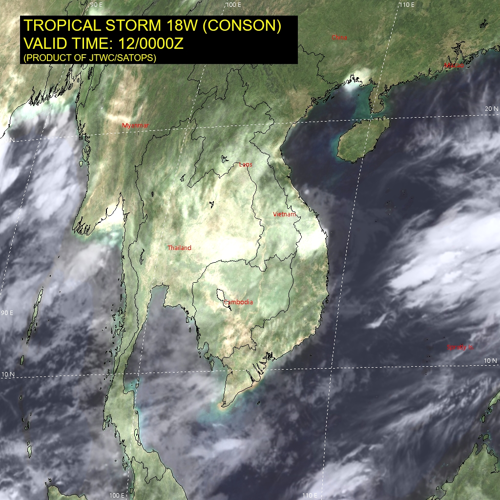 TD 18W(CONSON).SATELLITE ANALYSIS, INITIAL POSITION AND INTENSITY DISCUSSION: ANIMATED ENHANCED INFRARED (EIR) SATELLITE IMAGERY DEPICTS FLARING DEEP CONVECTION DISPLACED WEST OF AN EXPOSED, WELL-DEFINED LOW-LEVEL CIRCULATION CENTER (LLCC). ANIMATED RADAR IMAGERY  INDICATES A QUASI-STATIONARY SYSTEM OVER WATER WITH A WELL-ORGANIZED  LLCC AND TIGHTLY-WRAPPED RAINBANDS. THE INITIAL POSITION IS PLACED  WITH HIGH CONFIDENCE BASED ON EIR AND RADAR IMAGERY. THE INITIAL  INTENSITY OF 30 KNOTS IS ASSESSED WITH HIGH CONFIDENCE HEDGED JUST  BELOW THE PGTW DVORAK ESTIMATE DUE TO THE WEAK CONVECTIVE STRUCTURE.  UPPER-LEVEL CONDITIONS ARE MARGINAL WITH STRONG (25 KNOTS) EASTERLY  VERTICAL WIND SHEAR (VWS) AND DIFFLUENT FLOW ALOFT. TD 18W(CONSON).SATELLITE ANALYSIS, INITIAL POSITION AND INTENSITY DISCUSSION: ANIMATED ENHANCED INFRARED (EIR) SATELLITE IMAGERY DEPICTS FLARING DEEP CONVECTION DISPLACED WEST OF AN EXPOSED, WELL-DEFINED LOW-LEVEL CIRCULATION CENTER (LLCC). ANIMATED RADAR IMAGERY  INDICATES A QUASI-STATIONARY SYSTEM OVER WATER WITH A WELL-ORGANIZED  LLCC AND TIGHTLY-WRAPPED RAINBANDS. THE INITIAL POSITION IS PLACED  WITH HIGH CONFIDENCE BASED ON EIR AND RADAR IMAGERY. THE INITIAL  INTENSITY OF 30 KNOTS IS ASSESSED WITH HIGH CONFIDENCE HEDGED JUST  BELOW THE PGTW DVORAK ESTIMATE DUE TO THE WEAK CONVECTIVE STRUCTURE.  UPPER-LEVEL CONDITIONS ARE MARGINAL WITH STRONG (25 KNOTS) EASTERLY  VERTICAL WIND SHEAR (VWS) AND DIFFLUENT FLOW ALOFT.