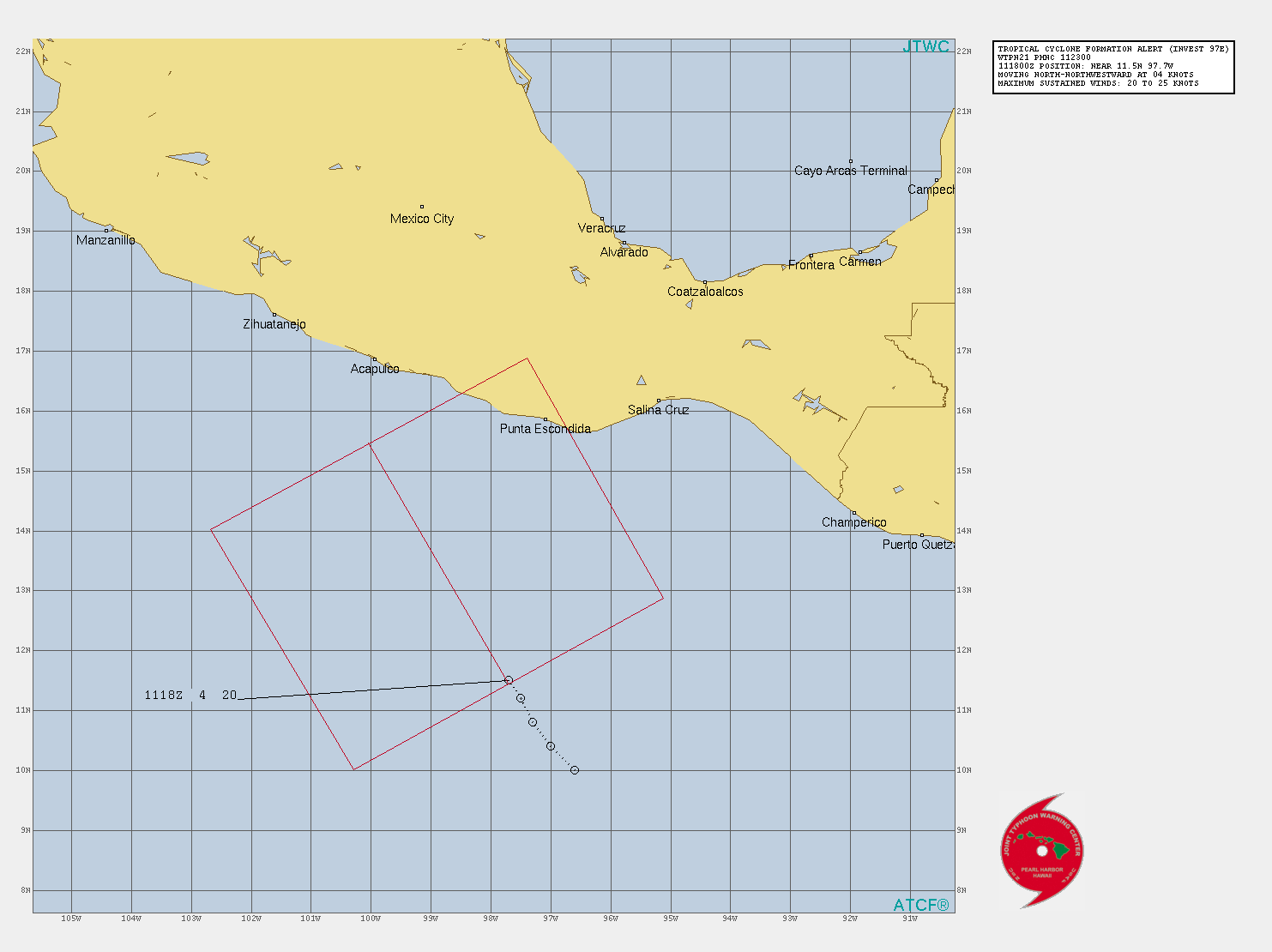 EASTERN PACIFIC. INVEST 97E. TROPICAL CYCLONE FORMATION ALERT ISSUED AT 11/23UTC.1. FORMATION OF A SIGNIFICANT TROPICAL CYCLONE IS POSSIBLE WITHIN 175 NM EITHER SIDE OF A LINE FROM 11.5N 97.7W TO 15.5N 100.0W WITHIN THE NEXT 12 TO 24 HOURS. AVAILABLE DATA DOES NOT JUSTIFY ISSUANCE OF NUMBERED TROPICAL CYCLONE WARNINGS AT THIS TIME. WINDS IN THE AREA ARE ESTIMATED TO BE 20 TO 25 KNOTS. METSAT IMAGERY AT 111800Z INDICATES THAT A CIRCULATION CENTER IS LOCATED NEAR 11.5N 97.7W. THE SYSTEM IS MOVING NORTH-NORTHWESTWARD AT 07 KM/H. 2. REMARKS: AN AREA OF CONVECTION (INVEST 97E) HAS PERSISTED NEAR  11.5N 97.7W, APPROXIMATELY 3080 KM SOUTHEAST OF SAN DIEGO. ANIMATED  MULTISPECTRAL SATELLITE IMAGERY DEPICTS A NARROW BAND OF DEEP  CONVECTION WRAPPING INTO A BROAD LOW LEVEL CIRCULATION CENTER. UPPER  LEVEL ANALYSIS INDICATES THE DISTURBANCE IS LOCATED UNDER AN AREA OF  BROAD DIFFLUENCE WITH LOW TO MODERATE VERTICAL WIND SHEAR.MAXIMUM SUSTAINED SURFACE  WINDS ARE ESTIMATED AT 20 TO 25 KNOTS. MINIMUM SEA LEVEL PRESSURE IS  ESTIMATED TO BE NEAR 1004 MB. THE POTENTIAL FOR THE DEVELOPMENT OF A  SIGNIFICANT TROPICAL CYCLONE WITHIN THE NEXT 24 HOURS IS HIGH.