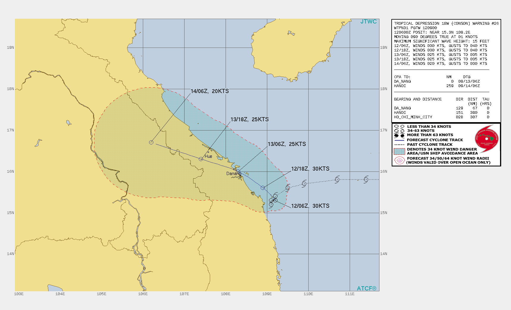 TD 18W(CONSON). WARNING 26 ISSUED AT 12/09UTC.SIGNIFICANT FORECAST CHANGES: THERE ARE NO SIGNIFICANT CHANGES TO THE FORECAST FROM THE PREVIOUS WARNING.  FORECAST DISCUSSION: TD 18W IS CURRENTLY EMBEDDED IN A COMPLEX STEERING PATTERN WITH THREE RIDGES COMPETING TO DOMINATE THE STEERING FLOW. OVER THE NEXT 12 HOURS, THE RIDGE TO THE NORTH IS FORECAST TO WEAKEN AND MOVE EASTWARD, WHILE THE RIDGE TO THE EAST BUILDS IN OVER THE SOUTH CHINA SEA AND PUSHES TD 18W OUT OF ITS CURRENT QUASI-STATIONARY POSITION. THROUGH THE REMAINDER OF THE FORECAST PERIOD THE SYSTEM WILL TRACK NORTHWESTWARD ALONG THE WESTERN PERIPHERY OF DEEP SUBTROPICAL RIDGING. THE SYSTEM IS EXPECTED TO MAKE LANDFALL NEAR DA NANG, VIETNAM IN ABOUT 24 HOURS, BEFORE PROCEEDING FURTHER INLAND. DUE TO THE PERSISTENT HIGH VERTICAL WIND SHEAR, THE SYSTEM IS NOT EXPECTED TO INTENSIFY, AND WILL MAINTAIN ITS CURRENT INTENSITY THROUGH LANDFALL. ONCE OVER LAND, TERRAIN INTERACTION WILL LEAD TO RAPID DISSIPATION NO LATER THAN 48H. TD 18W(CONSON). WARNING 26 ISSUED AT 12/09UTC.SIGNIFICANT FORECAST CHANGES: THERE ARE NO SIGNIFICANT CHANGES TO THE FORECAST FROM THE PREVIOUS WARNING.  FORECAST DISCUSSION: TD 18W IS CURRENTLY EMBEDDED IN A COMPLEX STEERING PATTERN WITH THREE RIDGES COMPETING TO DOMINATE THE STEERING FLOW. OVER THE NEXT 12 HOURS, THE RIDGE TO THE NORTH IS FORECAST TO WEAKEN AND MOVE EASTWARD, WHILE THE RIDGE TO THE EAST BUILDS IN OVER THE SOUTH CHINA SEA AND PUSHES TD 18W OUT OF ITS CURRENT QUASI-STATIONARY POSITION. THROUGH THE REMAINDER OF THE FORECAST PERIOD THE SYSTEM WILL TRACK NORTHWESTWARD ALONG THE WESTERN PERIPHERY OF DEEP SUBTROPICAL RIDGING. THE SYSTEM IS EXPECTED TO MAKE LANDFALL NEAR DA NANG, VIETNAM IN ABOUT 24 HOURS, BEFORE PROCEEDING FURTHER INLAND. DUE TO THE PERSISTENT HIGH VERTICAL WIND SHEAR, THE SYSTEM IS NOT EXPECTED TO INTENSIFY, AND WILL MAINTAIN ITS CURRENT INTENSITY THROUGH LANDFALL. ONCE OVER LAND, TERRAIN INTERACTION WILL LEAD TO RAPID DISSIPATION NO LATER THAN 48H.