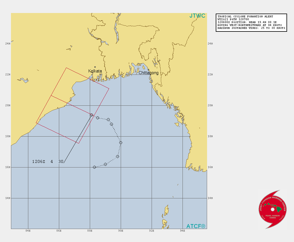 NORTH INDIAN. INVEST 95B. TROPICAL CYCLONE FORMATION ALERT ISSUED AT 12/07UTC.1. FORMATION OF A SIGNIFICANT TROPICAL CYCLONE IS POSSIBLE WITHIN 220 KM EITHER SIDE OF A LINE FROM 19.4N 88.2E TO 20.7N 85.5E WITHIN THE NEXT 12 TO 24 HOURS. AVAILABLE DATA DOES NOT JUSTIFY ISSUANCE OF NUMBERED TROPICAL CYCLONE WARNINGS AT THIS TIME. WINDS IN THE AREA ARE ESTIMATED TO BE 25 TO 30 KNOTS. METSAT IMAGERY AT 120600Z INDICATES THAT A CIRCULATION CENTER IS LOCATED NEAR 19.4N 88.1E. THE SYSTEM IS MOVING WEST-NORTHWESTWARD AT 07 KM/H. 2. REMARKS:AN AREA OF CONVECTION HAS PERSISTED NEAR 19.4N 88.1E,  APPROXIMATELY 340 KM SOUTH OF KOLKATA. ANIMATED MULTISPECTRAL  IMAGERY DEPICTS DEEP CONVECTION SURROUNDING MOST OF THE BROAD LOW  LEVEL CIRCULATION CENTER (LLCC), WHILE STEADILY CONSOLIDATING.  ENVIRONMENTAL ANALYSIS NOW INDICATES A FAVORABLE ENVIRONMENT DUE TO  A DECREASE IN VERTICAL WIND SHEAR (VWS) FROM MODERATE TO LOW (10KT),  GOOD EQUATORWARD OUTFLOW ALOFT AND VERY WARM (30C) SEA SURFACE  TEMPERATURES (SST). MAXIMUM SUSTAINED  SURFACE WINDS ARE ESTIMATED AT 25-30 KNOTS. MINIMUM SEA LEVEL  PRESSURE IS ESTIMATED TO BE NEAR 996 MB. THE POTENTIAL FOR THE  DEVELOPMENT OF A SIGNIFICANT TROPICAL CYCLONE WITHIN THE NEXT 24  HOURS IS HIGH. // NORTH INDIAN. INVEST 95B. TROPICAL CYCLONE FORMATION ALERT ISSUED AT 12/07UTC.1. FORMATION OF A SIGNIFICANT TROPICAL CYCLONE IS POSSIBLE WITHIN 220 KM EITHER SIDE OF A LINE FROM 19.4N 88.2E TO 20.7N 85.5E WITHIN THE NEXT 12 TO 24 HOURS. AVAILABLE DATA DOES NOT JUSTIFY ISSUANCE OF NUMBERED TROPICAL CYCLONE WARNINGS AT THIS TIME. WINDS IN THE AREA ARE ESTIMATED TO BE 25 TO 30 KNOTS. METSAT IMAGERY AT 120600Z INDICATES THAT A CIRCULATION CENTER IS LOCATED NEAR 19.4N 88.1E. THE SYSTEM IS MOVING WEST-NORTHWESTWARD AT 07 KM/H. 2. REMARKS:AN AREA OF CONVECTION HAS PERSISTED NEAR 19.4N 88.1E,  APPROXIMATELY 340 KM SOUTH OF KOLKATA. ANIMATED MULTISPECTRAL  IMAGERY DEPICTS DEEP CONVECTION SURROUNDING MOST OF THE BROAD LOW  LEVEL CIRCULATION CENTER (LLCC), WHILE STEADILY CONSOLIDATING.  ENVIRONMENTAL ANALYSIS NOW INDICATES A FAVORABLE ENVIRONMENT DUE TO  A DECREASE IN VERTICAL WIND SHEAR (VWS) FROM MODERATE TO LOW (10KT),  GOOD EQUATORWARD OUTFLOW ALOFT AND VERY WARM (30C) SEA SURFACE  TEMPERATURES (SST). MAXIMUM SUSTAINED  SURFACE WINDS ARE ESTIMATED AT 25-30 KNOTS. MINIMUM SEA LEVEL  PRESSURE IS ESTIMATED TO BE NEAR 996 MB. THE POTENTIAL FOR THE  DEVELOPMENT OF A SIGNIFICANT TROPICAL CYCLONE WITHIN THE NEXT 24  HOURS IS HIGH. //