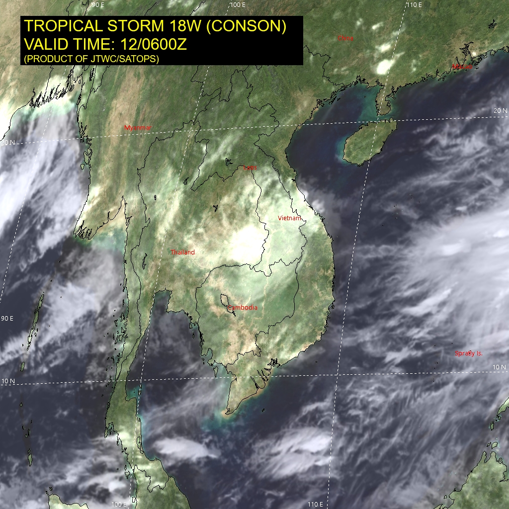 TD 18W(CONSON).SATELLITE ANALYSIS, INITIAL POSITION AND INTENSITY DISCUSSION: ANIMATED MULTISPECTRAL SATELLITE IMAGERY (MSI) DEPICTS A FULLY EXPOSED  LOW LEVEL CIRCULATION CENTER (LLCC) WITH WELL DEFINED LOW LEVEL CLOUD BANDS WRAPPING INTO A CLEAR CENTER. ANIMATED RADAR IMAGERY PROVIDES ADDITIONAL SUPPORT AND LENT HIGH CONFIDENCE TO THE INITIAL POSITION. THE SYSTEM HAS REMAINED STATIONARY OVER THE PAST SIX HOURS, WITH ONLY VERY SLIGHT MOVEMENTS TOWARDS THE EAST. THE INITIAL INTENSITY OF 30 KNOTS IS ASSESSED WITH HIGH CONFIDENCE BASED ON PGTW CURRENT INTENSITY ESTIMATES OF 30 KNOTS, SUPPORTED BY A 120254Z ASCAT PASS WHICH SHOWED A SMATTERING OF 30 KNOT WINDS BOTH SOUTH AND NORTH OF THE LLCC. WHILE THE ADT CURRENT INTENSITY IS ASSESSED AT 41 KNOTS, THE RAW DATA T-NUMBER IS ONLY 1.5 (25 KNOTS) AND MORE SUPPORTIVE OF THE TRUE INTENSITY. ENVIRONMENTAL CONDITIONS ARE MARGINALLY UNFAVORABLE WITH HIGH (25-30 KTS) VWS OFFSETTING WEAK DIVERGENT OUTFLOW ALOFT AND WARM SSTS. TD 18W(CONSON).SATELLITE ANALYSIS, INITIAL POSITION AND INTENSITY DISCUSSION: ANIMATED MULTISPECTRAL SATELLITE IMAGERY (MSI) DEPICTS A FULLY EXPOSED  LOW LEVEL CIRCULATION CENTER (LLCC) WITH WELL DEFINED LOW LEVEL CLOUD BANDS WRAPPING INTO A CLEAR CENTER. ANIMATED RADAR IMAGERY PROVIDES ADDITIONAL SUPPORT AND LENT HIGH CONFIDENCE TO THE INITIAL POSITION. THE SYSTEM HAS REMAINED STATIONARY OVER THE PAST SIX HOURS, WITH ONLY VERY SLIGHT MOVEMENTS TOWARDS THE EAST. THE INITIAL INTENSITY OF 30 KNOTS IS ASSESSED WITH HIGH CONFIDENCE BASED ON PGTW CURRENT INTENSITY ESTIMATES OF 30 KNOTS, SUPPORTED BY A 120254Z ASCAT PASS WHICH SHOWED A SMATTERING OF 30 KNOT WINDS BOTH SOUTH AND NORTH OF THE LLCC. WHILE THE ADT CURRENT INTENSITY IS ASSESSED AT 41 KNOTS, THE RAW DATA T-NUMBER IS ONLY 1.5 (25 KNOTS) AND MORE SUPPORTIVE OF THE TRUE INTENSITY. ENVIRONMENTAL CONDITIONS ARE MARGINALLY UNFAVORABLE WITH HIGH (25-30 KTS) VWS OFFSETTING WEAK DIVERGENT OUTFLOW ALOFT AND WARM SSTS.