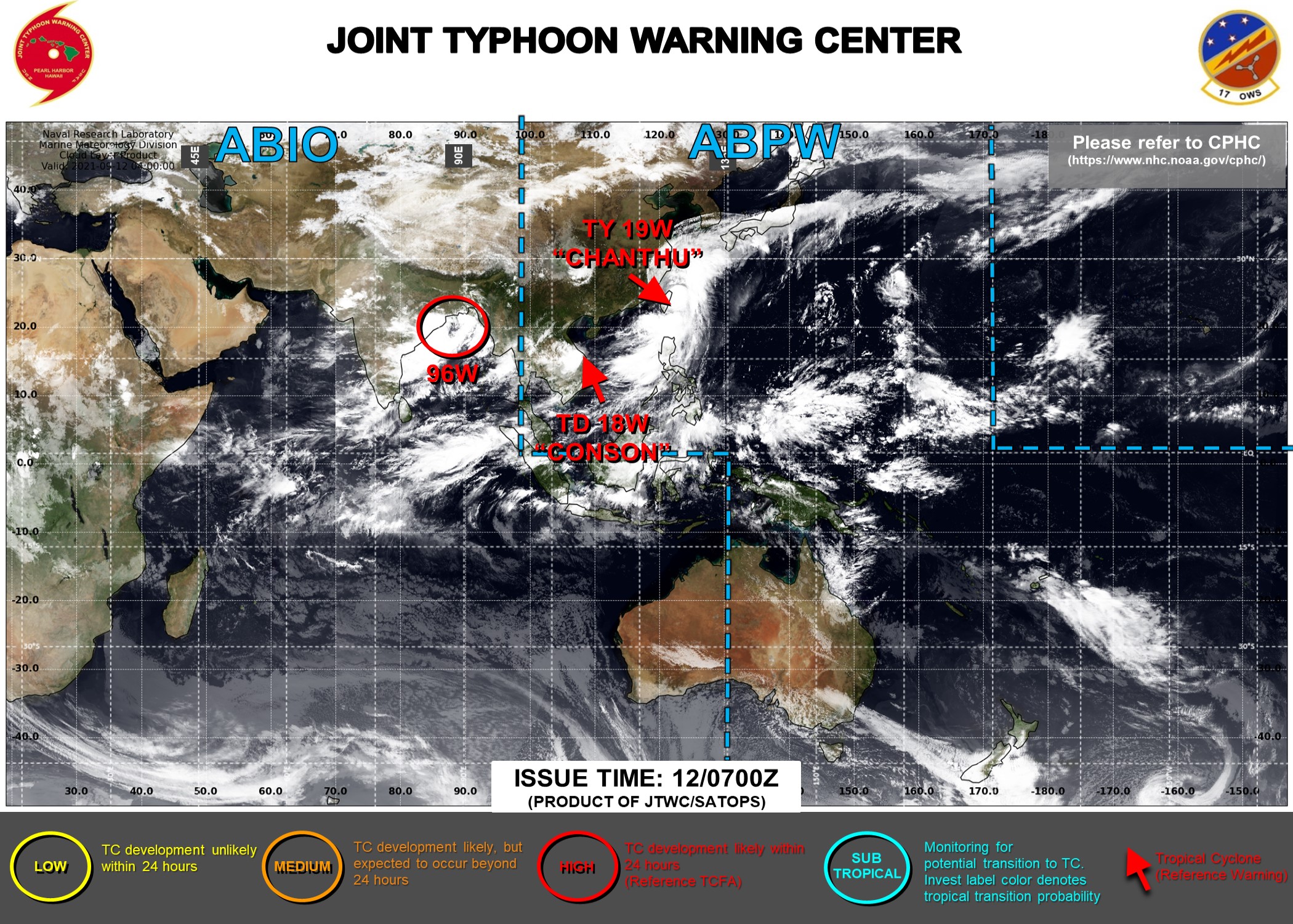 JTWC ARE ISSUING 6HOURLY WARNINGS AND 3HOURLY SATELLITE BULLETINS ON 18W AND 19W. 95B WAS UP-GRADED TO HIGH AT 12/07UTC. JTWC ARE ISSUING 6HOURLY WARNINGS AND 3HOURLY SATELLITE BULLETINS ON 18W AND 19W. 95B WAS UP-GRADED TO HIGH AT 12/07UTC.