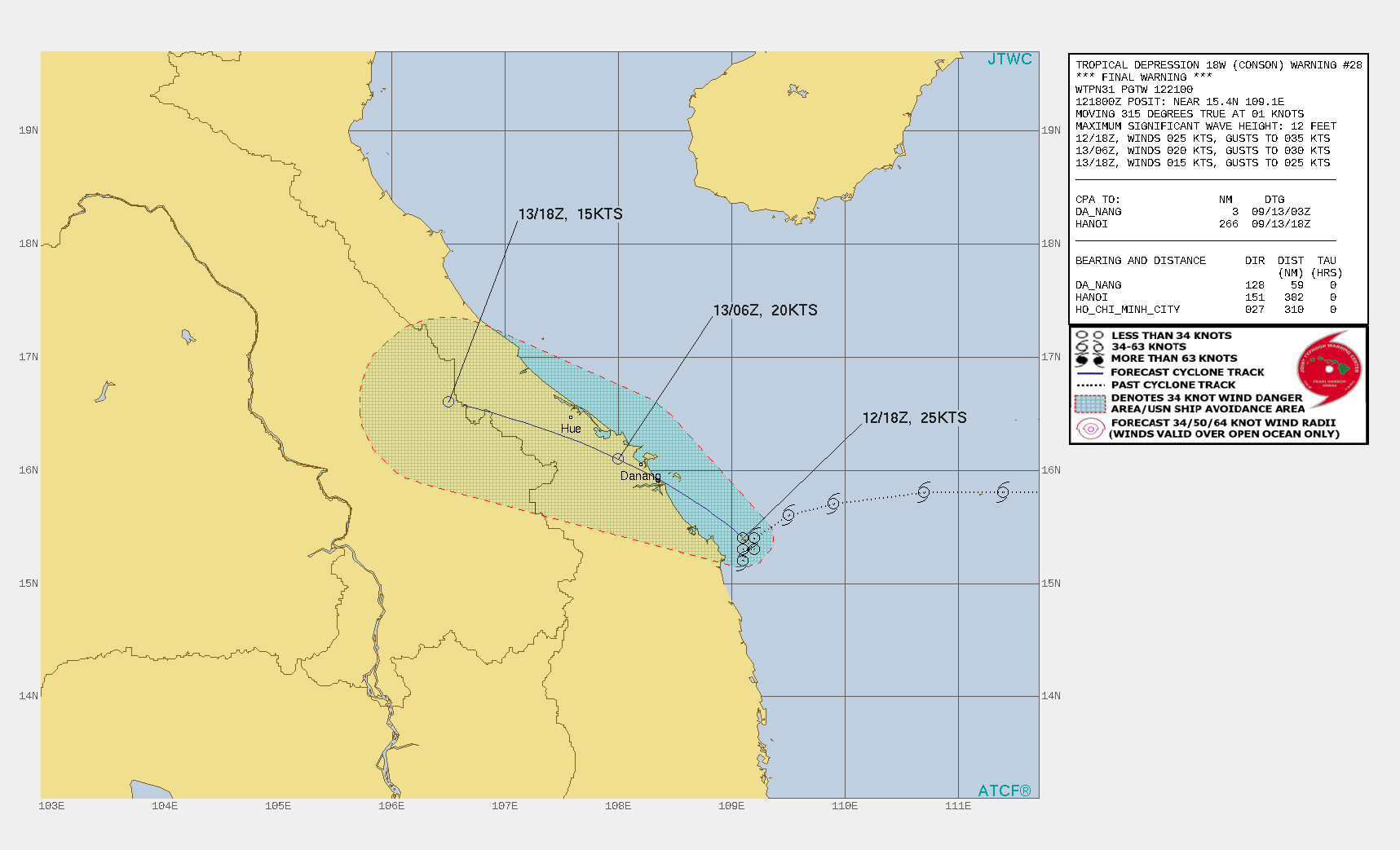 TD 18W(CONSON). WARNING 28/FINAL ISSUED AT 12/21UTC.REMARKS: 122100Z POSITION NEAR 15.6N 108.8E. 12SEP21. TROPICAL DEPRESSION (TD) 18W (CONSON), LOCATED APPROXIMATELY 110 KM SOUTHEAST OF DA NANG, VIETNAM, HAS TRACKED NORTHWESTWARD AT 02 KM/H OVER THE PAST SIX HOURS. ANIMATED ENHANCED INFRARED  SATELLITE IMAGERY AND ANIMATED RADAR IMAGERY DEPICT A DECAYING LOW- LEVEL CIRCULATION WITH A WEAKLY DEFINED CENTER. UPPER-LEVEL ANALYSIS  INDICATES UNFAVORABLE CONDITIONS WITH MODERATE TO STRONG EASTERLY  VERTICAL WIND SHEAR, WHICH WILL PERSIST THROUGH THE FORECAST PERIOD.  SURFACE OBSERVATIONS FROM QUANG NGAI, 40KM TO THE SOUTHWEST,  INDICATE STEADILY RISING SLP WITH A 12/18Z SLP VALUE AT 1001.4MB  REFLECTING THE STEADY WEAKENING TREND. THE SYSTEM IS FORECAST TO  TRACK NORTHWESTWARD INTO VIETNAM WITH DISSIPATION BY 12H. THIS IS  THE FINAL WARNING ON THIS SYSTEM BY THE JOINT TYPHOON WRNCEN PEARL  HARBOR HI. THE SYSTEM WILL BE CLOSELY MONITORED FOR SIGNS OF  REGENERATION. MAXIMUM SIGNIFICANT WAVE HEIGHT AT 121800Z IS 12 FEET.
