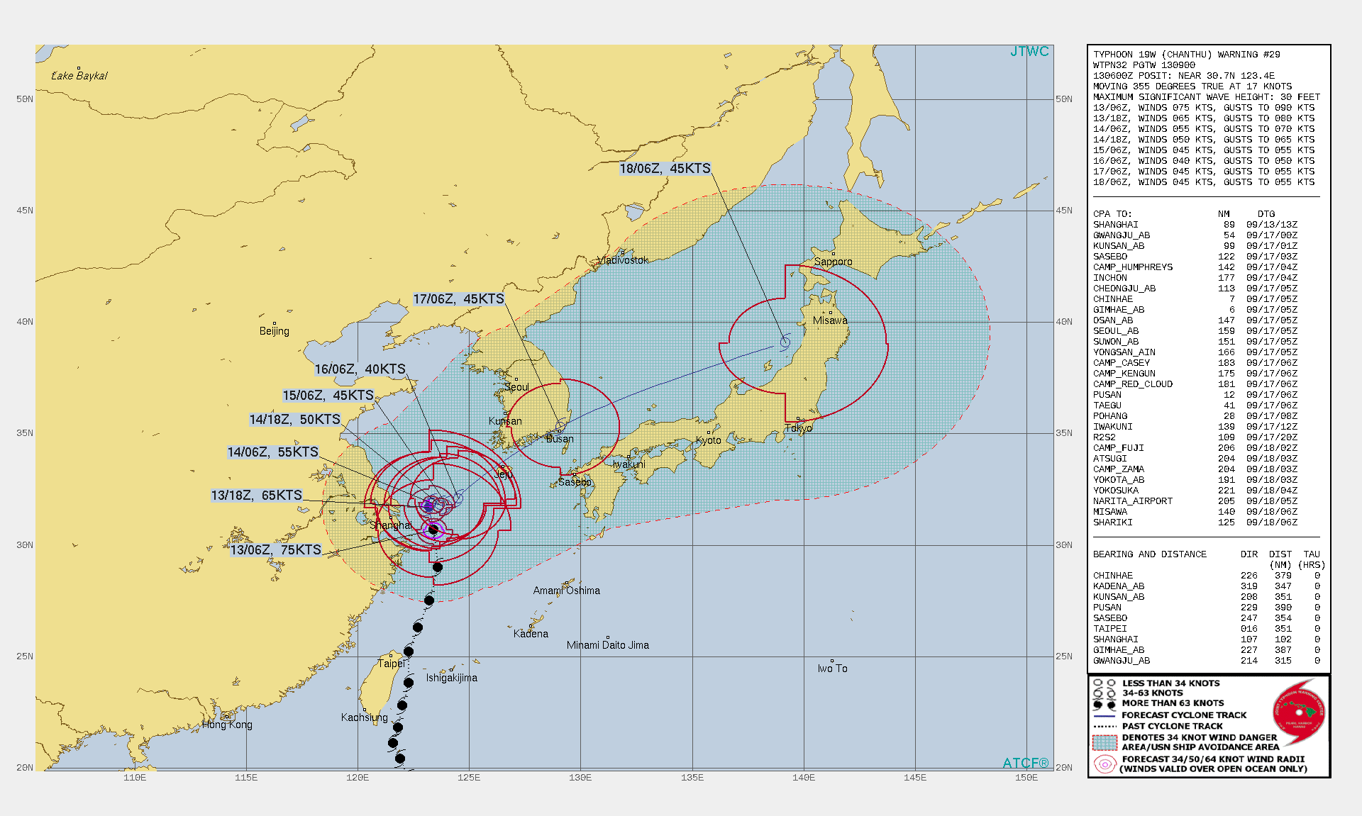 TY 19W(CHANTHU). WARNING 29 ISSUED AT 13/09UTC.SIGNIFICANT FORECAST CHANGES: THERE ARE NO SIGNIFICANT CHANGES TO THE FORECAST FROM THE PREVIOUS WARNING.  FORECAST DISCUSSION: TY 19W HAS CONTINUED TO TRACK RATHER QUICKLY POLEWARD ALONG THE WESTERN PERIPHERY OF THE SUBTROPICAL RIDGE OVER THE PAST SIX HOURS, THOUGH IS SHOWING SOME SIGNS OF SLOWING DOWN AFTER THE 0600Z HOUR. A BUILDING RIDGE TO THE WEST OVER EAST-CENTRAL CHINA IS EXPECTED TO EXTEND EAST ACROSS THE SHANDONG PENINSULA INTO THE YELLOW SEA AND EFFECTIVELY BLOCK FURTHER POLEWARD MOVEMENT AFTER 12H. ONCE THIS RIDGE IS IN PLACE, TY 19W IS FORECAST TO REMAIN QUASI-STATIONARY OR DRIFT SLOWLY EASTWARD IN A COMPETING STEERING FLOW BETWEEN THE RIDGE TO THE WEST AND THE LARGE STR EAST-SOUTHEAST OF JAPAN. WHILE VERTICAL WIND SHEAR(VWS) IS FORECAST TO DECREASE AFTER 12H, THE QUASI-STATIONARY MOTION OVER RELATIVELY COOL AND LOW OCEAN HEAT CONTENT WATERS, COMBINED WITH A REDUCTION IN OUTFLOW ALOFT, WILL RESULT IN STEADY WEAKENING TO 40 KNOTS BY 72H. AFTER 48H, AN APPROACHING MID-LATITUDE TROUGH WILL ERODE THE WESTERN RIDGE AND BY 72H WILL EJECT TY 19W OUT OF THE WEAK STEERING FLOW AND ACCELERATE NORTHEASTWARD. THE SYSTEM WILL BEGIN EXTRA-TROPICAL TRANSITION (ETT) BY 96H AS IT BEGINS TO INTERACT WITH THE BAROCLINIC ZONE. AS THE SYSTEM ACCELERATES NORTHEAST ALONG THE SOUTHERN COAST OF KOREA, IT WILL INCREASE SLIGHTLY IN INTENSITY AS ROBUST POLEWARD OUTFLOW OFFSETS INCREASING VWS. BY 120H THE SYSTEM WILL COMPLETE ETT AS IT MOVES UNDER THE 200MB JET AND DEVELOPS FRONTAL CHARACTERISTICS.