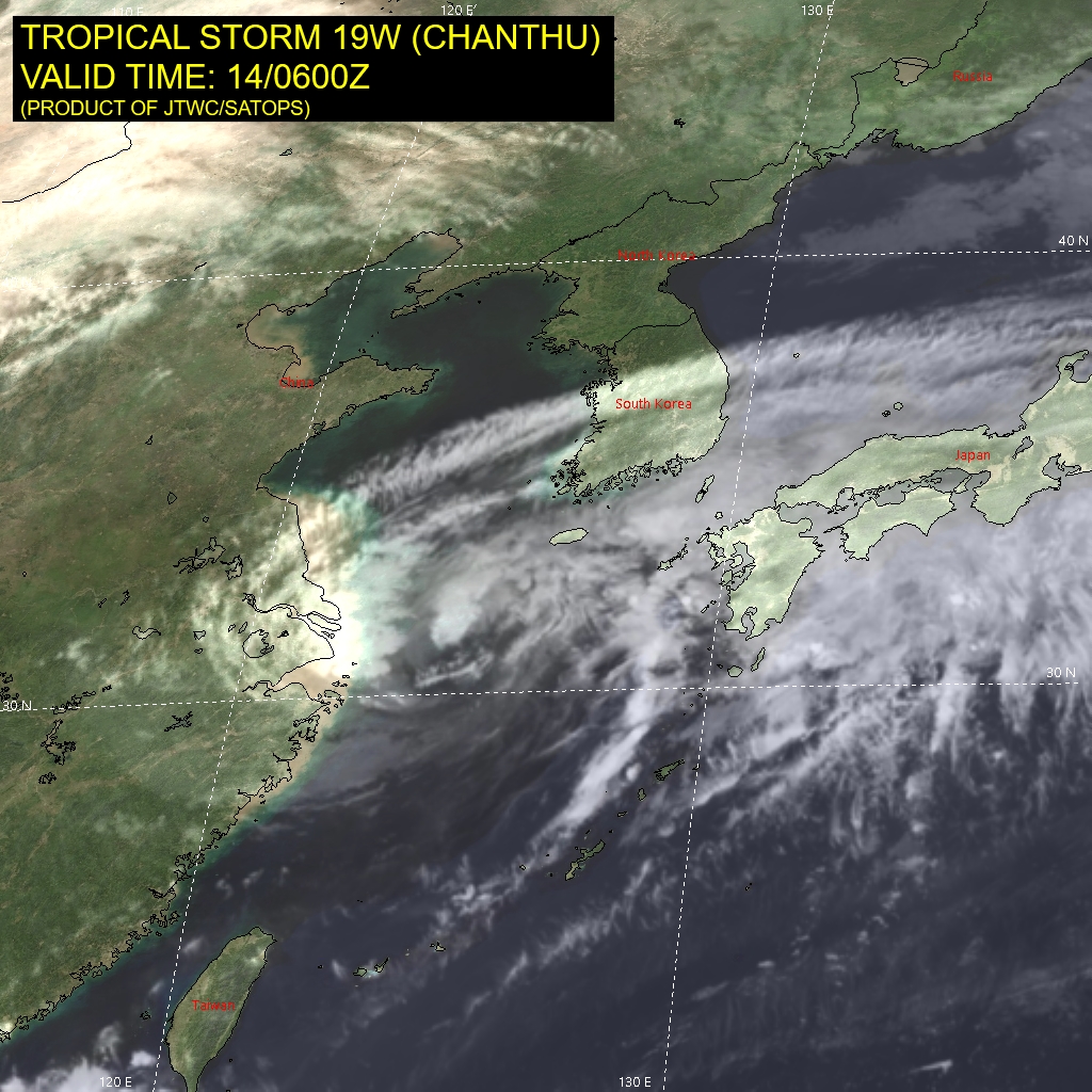 TS 19W(CHANTHU).SATELLITE ANALYSIS, INITIAL POSITION AND INTENSITY DISCUSSION: ANIMATED MULTISPECTRAL SATELLITE IMAGERY (MSI) DEPICTS A PARTIALLY EXPOSED LOW LEVEL CIRCULATION CENTER (LLCC), WITH THE REMAINING ASSOCIATED CONVECTION REMAINING TO THE NORTH AND WEST. THE INITIAL POSITION IS PLACED WITH HIGH CONFIDENCE BASED ON THE LLCC SEEN IN MSI. THE INITIAL INTENSITY OF 45 KNOTS IS ASSESSED WITH MEDIUM CONFIDENCE BASED ON A 140230Z METOP-B ASCAT PASS WHICH SHOWS PEAK WIND BARBS OF 40 KNOTS. THE OVERALL MARGINALLY UNFAVORABLE CONDITIONS, ARE DUE TO THE  LOW OCEAN HEAT CONTENT AND MEDIUM TO STRONG VERTICAL WIND SHEAR WHICH ARE OFFSET BY THE STRONG UPPER LEVEL DIVERGENCE DISPLACED TO THE EAST OF THE LLCC. TS 19W(CHANTHU).SATELLITE ANALYSIS, INITIAL POSITION AND INTENSITY DISCUSSION: ANIMATED MULTISPECTRAL SATELLITE IMAGERY (MSI) DEPICTS A PARTIALLY EXPOSED LOW LEVEL CIRCULATION CENTER (LLCC), WITH THE REMAINING ASSOCIATED CONVECTION REMAINING TO THE NORTH AND WEST. THE INITIAL POSITION IS PLACED WITH HIGH CONFIDENCE BASED ON THE LLCC SEEN IN MSI. THE INITIAL INTENSITY OF 45 KNOTS IS ASSESSED WITH MEDIUM CONFIDENCE BASED ON A 140230Z METOP-B ASCAT PASS WHICH SHOWS PEAK WIND BARBS OF 40 KNOTS. THE OVERALL MARGINALLY UNFAVORABLE CONDITIONS, ARE DUE TO THE  LOW OCEAN HEAT CONTENT AND MEDIUM TO STRONG VERTICAL WIND SHEAR WHICH ARE OFFSET BY THE STRONG UPPER LEVEL DIVERGENCE DISPLACED TO THE EAST OF THE LLCC.
