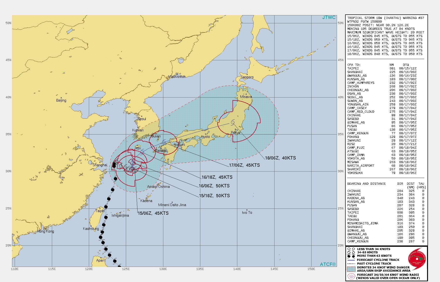 TS 19W(CHANTHU). WARNING 37 ISSUED AT 15/09UTC.SIGNIFICANT FORECAST CHANGES: TRACK SHIFTED TO THE SOUTH ACROSS THE SPINE OF JAPAN.FORECAST DISCUSSION: TS 19W IS EXPECTED TO FINALLY BEGIN ITS RECURVE AROUND THE SUBTROPICAL RIDGE, LOCATED TO ITS SOUTHEAST, BY 12H. THE MARGINALLY FAVORABLE ENVIRONMENT OVER THE NEXT 24 HOURS WILL LIKELY ALLOW FOR SLIGHT INTENSIFICATION TO 50 KNOTS AS IT APPROACHES THE TSUSHIMA STRAIT UNDER INCREASED UPPER LEVEL OUTFLOW, LOW SHEAR(VWS) AND WARM SEA SURFACE TEMPERATURES (28-29 DEGREES CELSIUS). AS THE SYSTEM TRACKS MORE POLEWARD, INCREASING VWS AND LAND INTERACTION WILL WEAKEN IT AS IT PASSES OVER JAPAN AND BEGINS EXTRATROPICAL TRANSITION. EXTRATROPICAL TRANSITION IS EXPECTED TO COMPLETE NO LATER THAN 72H.
