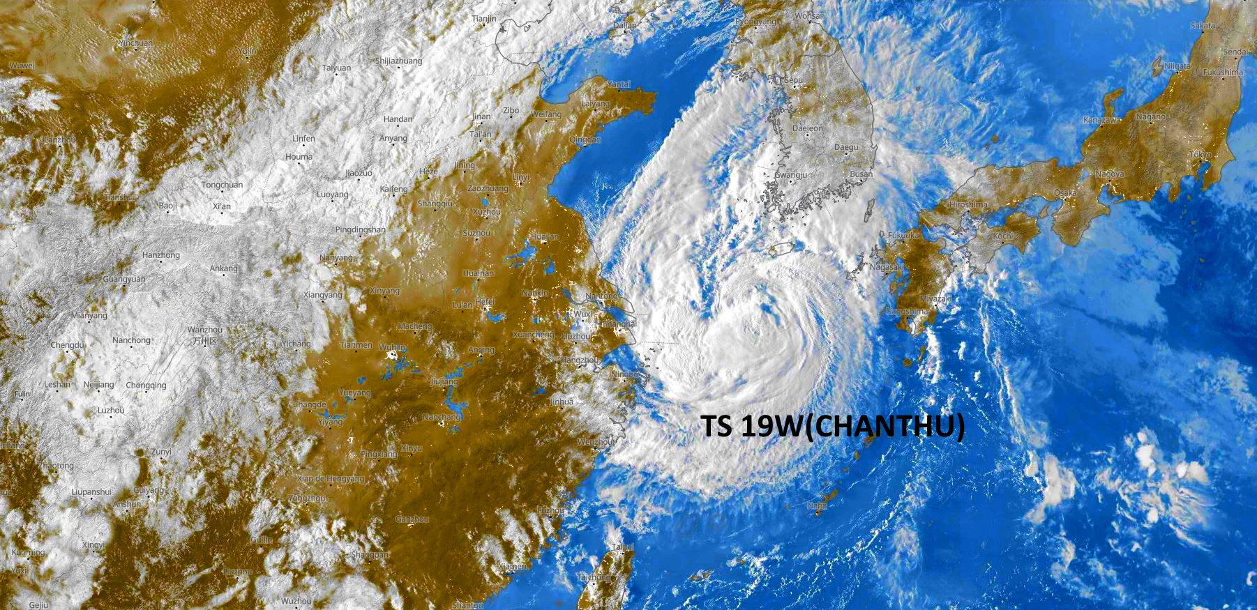 TS 19W(CHANTHU). SATELLITE ANALYSIS, INITIAL POSITION AND INTENSITY DISCUSSION: TROPICAL STORM 19W APPEARS TO HAVE FINALLY STARTED ITS LONG-AWAITED TRACK TOWARDS THE NORTHEAST. ANIMATED MULTISPECTRAL SATELLITE IMAGERY (MSI) DEPICTS A VERY WELL DEFINED SWIRL OF LOW-LEVEL CLOUD BANDS WRAPPING INTO A LOW-LEVEL CIRCULATION CENTER (LLCC) OBSCURED BY FLARING CONVECTION EXTENDING SOUTHWARD FROM THE ASSESSED CENTER POSITION. THE INITIAL POSITION IS PLACED WITH HIGH CONFIDENCE BASED ON THE ANIMATED VISIBLE IMAGERY, AND WITHIN THE CONGRUENCE OF AGENCY FIX POSITIONS. THE INITIAL INTENSITY REMAINS ASSESSED AT 55 KNOTS WITH MEDIUM CONFIDENCE BASED ON THE MEDIAN OF THE AGENCY CURRENT INTENSITY ESTIMATES, HEDGED SLIGHTLY HIGHER THAN THE ADT AND SATCON ESTIMATES.  THE OVERALL STRUCTURE APPEARS SHEARED WITH AN AREA TO THE NORTH OF THE LLCC DEVOID OF ANY SIGNIFICANT CONVECTION. ANALYSIS OF A 160000Z UPPER-AIR SOUNDING FROM HEUKSANDO INDICATE THE PRESENCE OF VERY DRY AIR BETWEEN 300-600MB, WHICH SUPPORTS WHAT IS SEEN IN THE IMAGERY. ADDITIONALLY, WHILE HIGH-RESOLUTION HWRF SOUNDINGS AND CIMSS AUTOMATED UPPER-LEVEL ANALYSIS REVEALS LOW SOUTHERLY WIND SHEAR, THE SHARP NORTHERN EDGE OF THE CONVECTION FLARING NEAR THE CENTER CLEARLY SUPPORT A NORTHERLY SHEAR VECTOR OVER TOP OF THE SYSTEM, AND THE LATEST CIMSS ATMOSPHERIC MOTION VECTOR (AMV) ANALYSIS SUGGESTS THE PRESENCE OF A SMALL, WEAK ANTICYCLONE JUST NORTHWEST OF THE LLCC, WHICH WOULD SUPPORT A NORTHERLY WIND AT 200MB OVER TOP OF 19W. EXCEPTING THE DRY AIR AND THE NORTHERLY SHEAR, THE ENVIRONMENT OTHERWISE FAVORABLE WITH WARM SSTS AND ROBUST POLEWARD OUTFLOW.