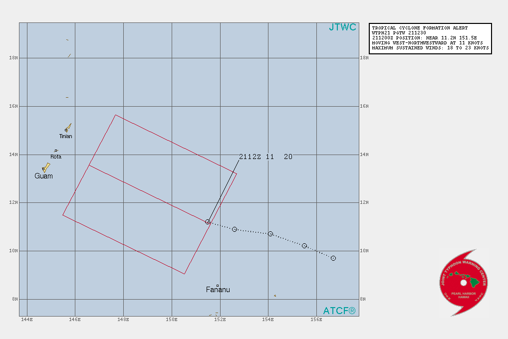 INVEST 99W.  THE AREA OF CONVECTION (INVEST 99W) PREVIOUSLY LOCATED  NEAR 10.3N 154.6E IS NOW LOCATED NEAR 11.2N 151.5E, APPROXIMATELY  780 KM EAST-SOUTHEAST OF GUAM. A 211052Z METOP-B PASS SHOWS THAT A  DISCREET LOW-LEVEL CIRCULATION CENTER (LLCC) HAS CONSOLIDATED OVER  THE PAST 12 HOURS, WITH A SMALL BUT WELL-DEFINED CIRCULATION  SURROUNDED BY 12-17 KNOT WINDS. A BAND OF 20-25 KNOT WINDS EXTENDS  FROM SOUTH TO SOUTHEAST OF THE CENTER. ANIMATED ENHANCED INFRARED  IMAGERY AND A 210811Z SSMIS 91GHZ IMAGE DEPICTS FLARING DISORGANIZED  CONVECTION PRIMARILY ON THE SOUTH AND EAST SIDE OF THE ROTATION.  ENVIRONMENTAL ANALYSIS INDICATES A FAVORABLE ENVIRONMENT FOR  DEVELOPMENT WITH A COMBINATION OF STRONG OUTFLOW ALOFT WITH A POINT  SOURCE OR ANTICYCLONE ALOFT DIRECTION OVERHEAD THE LLCC, LOW (10 KT)  VERTICAL WIND SHEAR (VWS) AND VERY WARM (30-31C) SEA SURFACE  TEMPERATURES (SST). MAXIMUM SUSTAINED SURFACE WINDS ARE ESTIMATED AT 18 TO 23 KNOTS.  MINIMUM SEA LEVEL PRESSURE IS ESTIMATED TO BE NEAR 1005 MB. THE  POTENTIAL FOR THE DEVELOPMENT OF A SIGNIFICANT TROPICAL CYCLONE  WITHIN THE NEXT 24 HOURS IS UPGRADED TO HIGH.