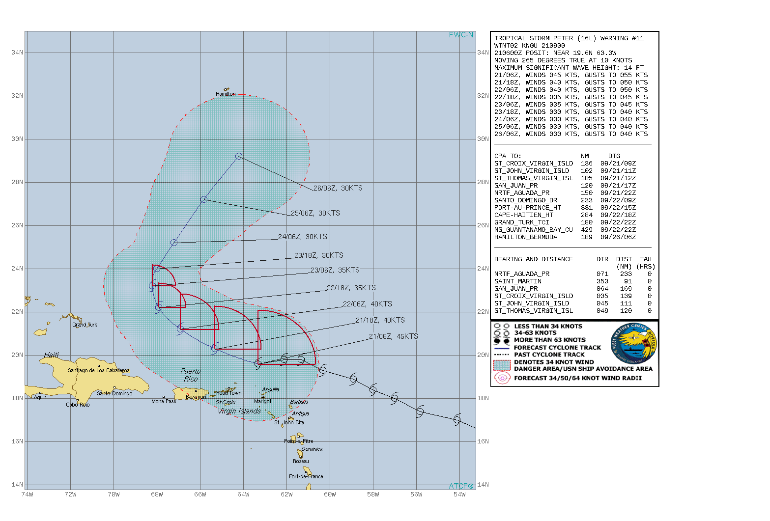 ATLANTIC. TS 16L(PETER).WARNING 11 ISSUED AT 21/09UTC. CURRENT INTENSITY IS 45KNOTS AND IS FORECAST TO FALL BELOW 35KNOTS BY 23/18UTC.