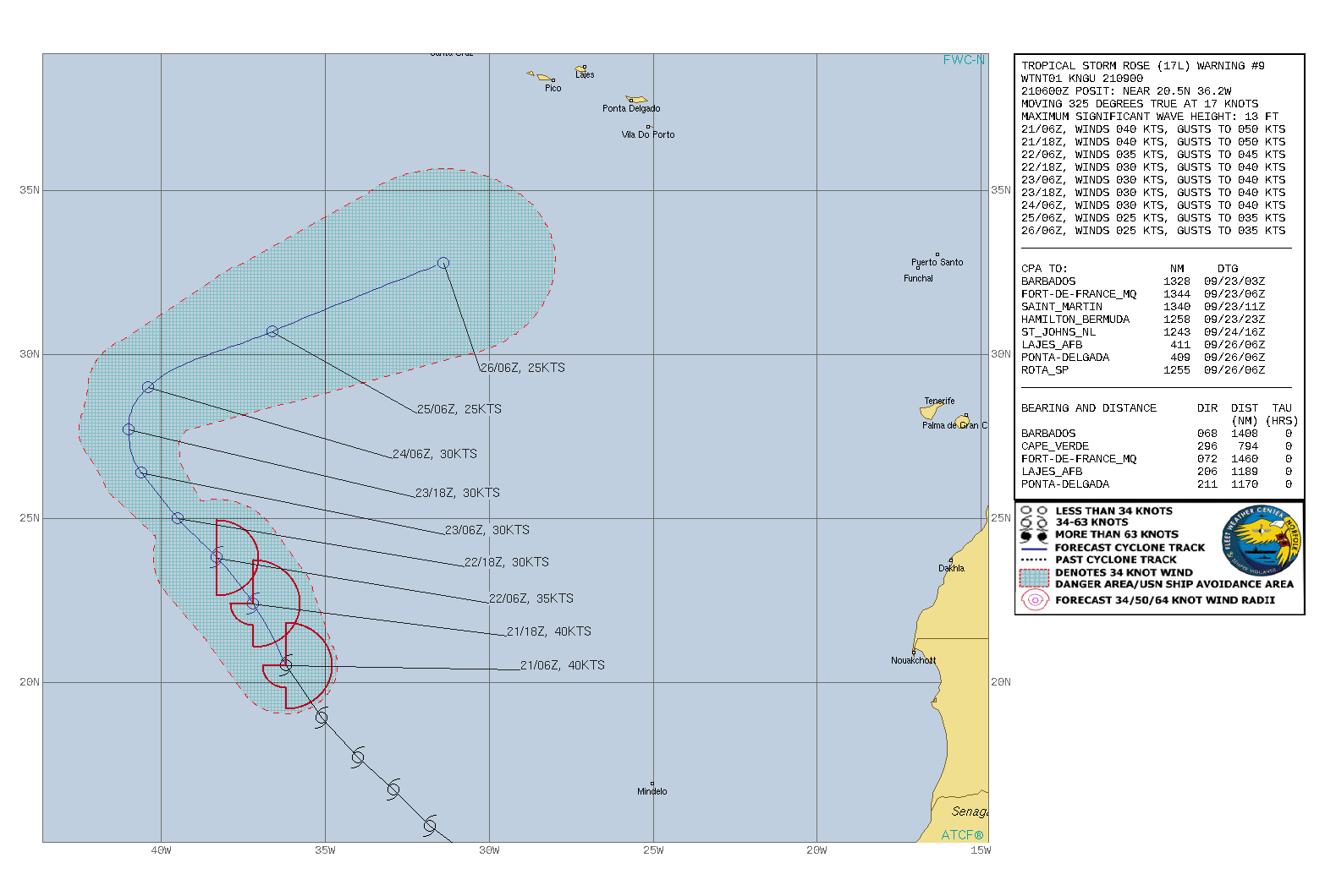 TS 17L(ROSE). WARNING 9 ISSUED AT 21/09UTC. CURRENT INTENSITY IS 40KNOTS AND IS FORECAST TO FALL BELOW 35KNOTS BY 22/18UTC.