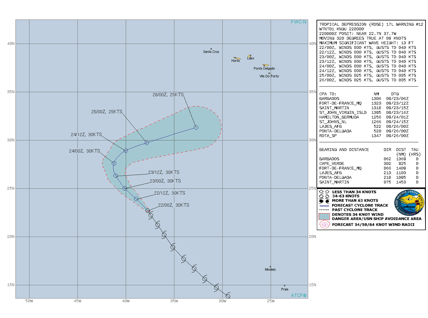 TD 17L(ROSE). WARNING 12 ISSUED AT 22/03UTC. CURRENT INTENSITY IS 30KNOTS AND IS FORECAST TO BE DOWN TO 25KNOTS BY 25/00UTC.
