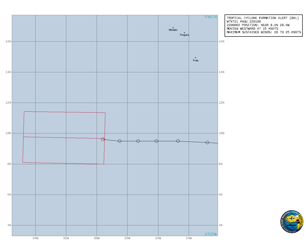 INVEST 98L. TROPICAL CYCLONE FORMATION ALERT ISSUED AT 22/01UTC.FORMATION OF A SIGNIFICANT TROPICAL CYCLONE IS POSSIBLE  WITHIN 185 KM EITHER SIDE OF A LINE FROM 9.7N 29.5W TO 9.8N 34.8W  WITHIN THE NEXT 24 HOURS. AVAILABLE DATA DOES NOT JUSTIFY  ISSUANCE OF NUMBERED TROPICAL CYCLONE WARNINGS AT THIS TIME. WINDS  IN THE AREA ARE ESTIMATED TO BE 20 TO 25 KNOTS. METSAT IMAGERY,  SYNOPTIC DATA AND RADAR DATA AT 212330Z INDICATE THAT A CIRCULATION  CENTER IS LOCATED NEAR 9.7N 29.5W. THE SYSTEM IS MOVING WESTWARD AT  28 KM/H. 2. SHOWERS AND THUNDERSTORMS ASSOCIATED WITH A TROPICAL WAVE LOCATED SEVERAL HUNDRED MILES SOUTHWEST OF THE CABO VERDE ISLANDS HAVE  INCREASED SINCE THIS MORNING AND ARE BEGINNING TO SHOW SIGNS OF  ORGANIZATION. RECENT SATELLITE WIND DATA ALSO INDICATE THAT A BROAD  AREA OF LOW PRESSURE HAS FORMED, BUT THE SYSTEM LACKS A WELL-DEFINED CENTER. ENVIRONMENTAL CONDITIONS ARE EXPECTED TO REMAIN CONDUCIVE  FOR ADDITIONAL DEVELOPMENT, AND A TROPICAL DEPRESSION IS LIKELY TO  FORM WITHIN THE NEXT DAY OR TWO WHILE THE SYSTEM MOVES WESTWARD AT  10 TO 15 MPH ACROSS THE EASTERN AND CENTRAL TROPICAL ATLANTIC OCEAN.