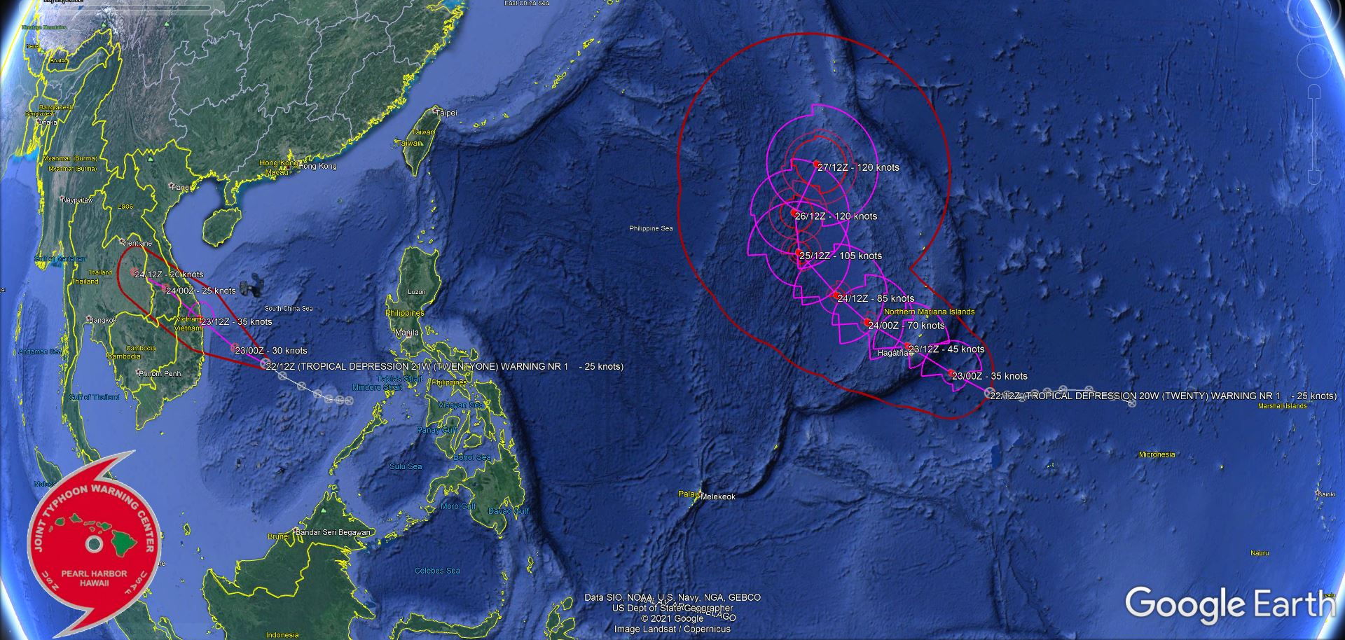Western Pacific: TD 20W forecast to reach Typhoon/CAT 3 in 72hours/TD 21W forecast to make landfall over Vietnam in 24hours, 22/15utc updates