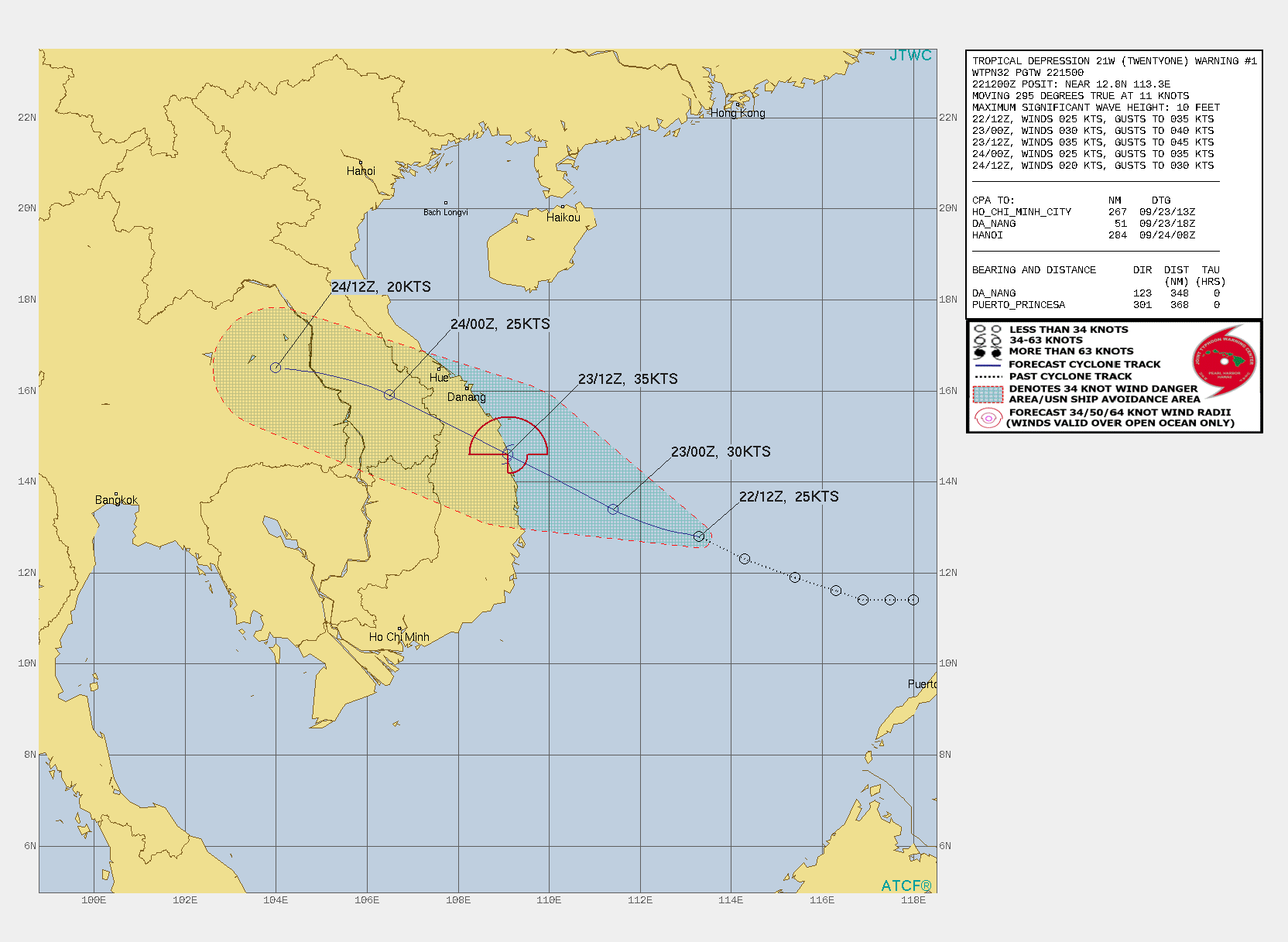 FORECAST REASONING.  SIGNIFICANT FORECAST CHANGES: THIS INITIAL PROGNOSTIC REASONING MESSAGE ESTABLISHES THE FORECAST PHILOSOPHY.  FORECAST DISCUSSION: TD 21W IS FORECASTED TO TRACK STEADILY WEST-NORTHWESTWARD THROUGH THE DURATION OF THE FORECAST PERIOD ALONG THE SOUTHERN PERIPHERY OF THE LOW- TO MID-LEVEL SUBTROPICAL RIDGE CENTERED TO THE NORTH. THE SYSTEM IS EXPECTED TO MAKE LANDFALL ALONG THE CENTRAL VIETNAM COASTLINE AROUND 24H, TO THE SOUTH OF DA NANG. CONDITIONS ARE GENERALLY FAVORABLE FOR INTENSIFICATION WITH THE ONLY LIMITING FACTORS BEING THE MODEST, SINGLE-CHANNEL OUTFLOW AND LIMITED TIME AVAILABLE PRIOR TO LANDFALL. TD 21W IS EXPECTED TO INTENSIFY AT A CLIMATOLOGICAL RATE TO A PEAK OF 35 KNOTS AT OR JUST PRIOR TO LANDFALL NEAR 24H. ONCE INLAND THE SYSTEM WILL RAPIDLY DISSIPATE BY TAU 48 OVER EASTERN THAILAND DUE TO TERRAIN INTERACTION.
