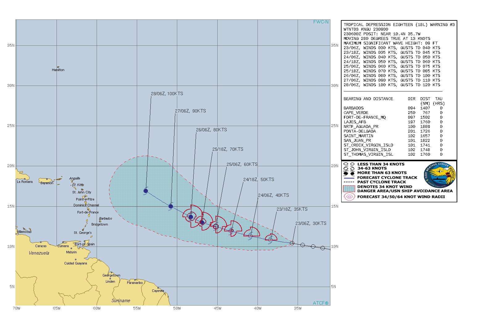 TD 18L. WARNING 3 ISSUED AT 23/09UTC. CUREENT INTENSITY IS 30KNOTS AND IS FORECAST TO REACH 70KNOTS/CAT 1 BY 25/18UTC AND 100KNOTS/CAT 3 BY 28/06UTC.