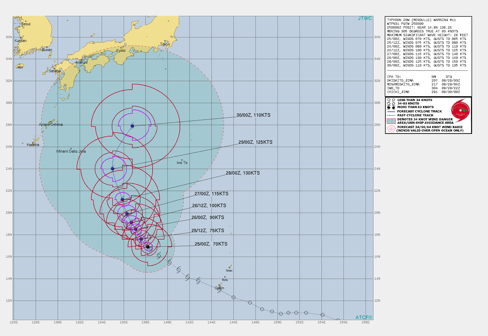 SIGNIFICANT FORECAST CHANGES: THERE ARE NO SIGNIFICANT CHANGES TO THE FORECAST FROM THE PREVIOUS WARNING.  FORECAST DISCUSSION: TYPHOON 20W IS SLOWING AS IT BEGINS A LONG GRACEFUL BEND INTO THE MID-LATITUDES. A BUILDING HIGH HEIGHT CENTER SOUTH OF SHANGHAI IS EXTENDING INTO THE EAST CHINA SEA WHILE THE BONIN HIGH REMAINS STEADY AND STATIONARY, LEAVING TYPHOON 20W NOWHERE TO GO BUT THROUGH A WIDE ALLEY TO THE NORTH-NORTHEAST. THAT ALLEY WILL ALLOW TYPHOON 20W TO POLITELY SPARE OKINAWA, IWO TO, AND HONSHU, BUT INTERACTION BETWEEN THE STORM AND TRANSITORY AUTUMN HIGH PRESSURE SYSTEMS OVER NORTHERN JAPAN WILL DRIVE A WIDE SWATH OF GALES OFF-SHORE OF HONSHU.  THE SYSTEM WILL PEAK DURING THE NEXT 72 HOURS AS SEA SURFACE TEMPERATURES REMAIN ABOVE 30C THROUGH THE 28TH LATITUDE, BUT SLOW MOVEMENT OF THE SYSTEM WILL GENERATE UPWELLING  THAT WILL IMPEDE DEVELOPMENT TOWARDS THE STORMS MAXIMUM POTENTIAL.  OCEAN HEAT CONTENT VALUES ALSO BEGIN FALLING SIGNIFICANTLY NORTH OF  THE TROPIC OF CANCER AND THERE IS A COLD EDDY ALONG TRACK. OTHER THAN THE OCEANOGRAPHIC FACTORS, HOWEVER, THE ENVIRONMENT IS  EXTREMELY FAVORABLE FOR DEVELOPMENT.