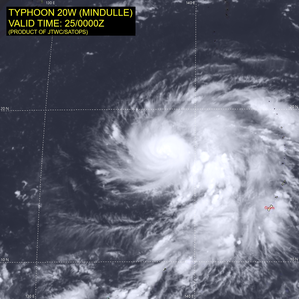 SATELLITE ANALYSIS, INITIAL POSITION AND INTENSITY DISCUSSION: ANIMATED MULTISPECTRAL SATELLITE IMAGERY (MSI) SHOWS A SMALL EYE REPEATEDLY POPPING OUT AND THEN BECOMING CLOUD FILLED. BOTH SATELLITE IMAGERY AND TOTAL PRECIPITABLE WATER LOOPS CONFIRM DRY AIR ENTRAINMENT OVER THE SOUTHWESTERN QUADRANT OF THE SYSTEM IS STILL IMPEDING  INTENSIFICATION OF TY 20W. SUBJECTIVE DVORAK ASSESSMENTS ARE ABOVE OBJECTIVE MEASURES DUE TO THE RELATIVELY SMALL SIZE OF THE SYSTEM BUT SATCON AND ADT ARE STEADILY RISING. THE INITIAL INTENSITY ASSESSMENT LEANS TOWARD THE SUBJECTIVE ASSESSMENTS BASED ON THE AMOUNT AND INTENSITY REVEALED ON A 242149Z  SSMIS SERIES, WHICH ALSO CONFIRMS THE WEAKNESS OVER THE SOUTHWEST  QUADRANT. ANIMATED WATER VAPOR IMAGERY SHOWS THAT TYPHOON 20W  REMAINS SEPARATED FROM THE MID-LATITUDE WESTERLIES AND SHOWING  MODERATE RADIAL OUTFLOW.