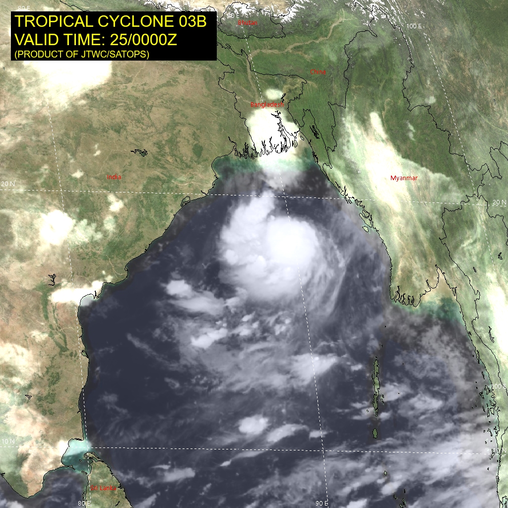SATELLITE ANALYSIS, INITIAL POSITION AND INTENSITY DISCUSSION: ANIMATED ENHANCED INFRARED (EIR) SATELLITE IMAGERY SHOWS SOME CONSOLIDATION AND IMPROVING ORGANIZATION DURING THE PAST SIX HOURS, WITH DEEP CONVECTION CONSOLIDATING OVER A RELATIVELY SMALL CORE. THE SYSTEM IS TRACKING THROUGH AN AREA OF 10-15KT VERTICAL WIND SHEAR AND 29C SEA WATERS. ANIMATED WATER VAPOR IMAGERY SHOWS IMPROVING OUTFLOW AND TOTAL PRECIPITABLE WATER LOOPS CONFIRM DEEP MOISTURE COVERS THE ENTIRE BAY OF BENGAL. OTHER THAN A MILD INCREASE IN WIND SHEAR NEAR THE EAST COAST OF INDIA, THE ENVIRONMENT ALONG TRACK IS CONSISTENT THROUGH LANDFALL. THE CURRENT INTENSITY IS BASED ON SATCON AND ADT ASSESSMENTS. SATELLITE ANALYSIS, INITIAL POSITION AND INTENSITY DISCUSSION: ANIMATED ENHANCED INFRARED (EIR) SATELLITE IMAGERY SHOWS SOME CONSOLIDATION AND IMPROVING ORGANIZATION DURING THE PAST SIX HOURS, WITH DEEP CONVECTION CONSOLIDATING OVER A RELATIVELY SMALL CORE. THE SYSTEM IS TRACKING THROUGH AN AREA OF 10-15KT VERTICAL WIND SHEAR AND 29C SEA WATERS. ANIMATED WATER VAPOR IMAGERY SHOWS IMPROVING OUTFLOW AND TOTAL PRECIPITABLE WATER LOOPS CONFIRM DEEP MOISTURE COVERS THE ENTIRE BAY OF BENGAL. OTHER THAN A MILD INCREASE IN WIND SHEAR NEAR THE EAST COAST OF INDIA, THE ENVIRONMENT ALONG TRACK IS CONSISTENT THROUGH LANDFALL. THE CURRENT INTENSITY IS BASED ON SATCON AND ADT ASSESSMENTS.