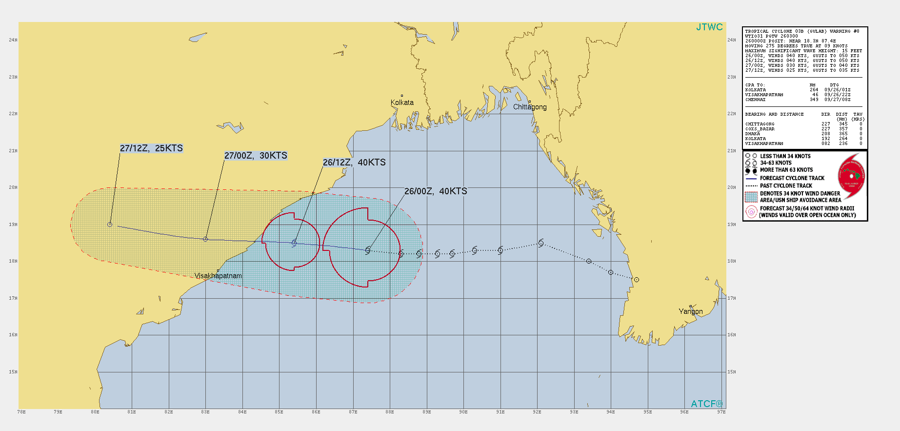SIGNIFICANT FORECAST CHANGES: THERE ARE NO SIGNIFICANT CHANGES TO THE FORECAST FROM THE PREVIOUS WARNING.  FORECAST DISCUSSION: TROPICAL CYCLONE 03B IS FORECAST TO CONTINUE TRACKING PRIMARILY WESTWARD THROUGH THE DURATION OF THE FORECAST PERIOD, ALONG THE SOUTHERN PERIPHERY OF THE EXTENSION OF THE DEEP SUBTROPICAL RIDGE TO THE NORTH. THE SYSTEM IS EXPECTED TO MAKE LANDFALL ALONG THE INDIAN COASTLINE NORTH OF VISHAKHAPATNAM AROUND 18H. THE STRONG VERTICAL WIND SHEAR IS EXPECTED TO LIMIT FURTHER INTENSIFICATION PRIOR TO LANDFALL, HOWEVER, THE MODERATE OUTFLOW AND WARM SSTS MAY ALLOW 03B TO MAINTAIN ITS TROPICAL STORM STATUS AS IT MAKES LANDFALL. ONCE ASHORE, THE SYSTEM WILL RAPIDLY DISSIPATE OVER THE RUGGED TERRAIN TO THE NORTHWEST OF VISHAKHAPATNAM, ALTHOUGH, SOME MODELS ARE INDICATING THE REMNANT ENERGY MAY TRACK ACROSS THE CONTINENT AND RE-EMERGE OVER THE ARABIAN SEA SEVERAL DAYS LATER. SIGNIFICANT FORECAST CHANGES: THERE ARE NO SIGNIFICANT CHANGES TO THE FORECAST FROM THE PREVIOUS WARNING.  FORECAST DISCUSSION: TROPICAL CYCLONE 03B IS FORECAST TO CONTINUE TRACKING PRIMARILY WESTWARD THROUGH THE DURATION OF THE FORECAST PERIOD, ALONG THE SOUTHERN PERIPHERY OF THE EXTENSION OF THE DEEP SUBTROPICAL RIDGE TO THE NORTH. THE SYSTEM IS EXPECTED TO MAKE LANDFALL ALONG THE INDIAN COASTLINE NORTH OF VISHAKHAPATNAM AROUND 18H. THE STRONG VERTICAL WIND SHEAR IS EXPECTED TO LIMIT FURTHER INTENSIFICATION PRIOR TO LANDFALL, HOWEVER, THE MODERATE OUTFLOW AND WARM SSTS MAY ALLOW 03B TO MAINTAIN ITS TROPICAL STORM STATUS AS IT MAKES LANDFALL. ONCE ASHORE, THE SYSTEM WILL RAPIDLY DISSIPATE OVER THE RUGGED TERRAIN TO THE NORTHWEST OF VISHAKHAPATNAM, ALTHOUGH, SOME MODELS ARE INDICATING THE REMNANT ENERGY MAY TRACK ACROSS THE CONTINENT AND RE-EMERGE OVER THE ARABIAN SEA SEVERAL DAYS LATER.